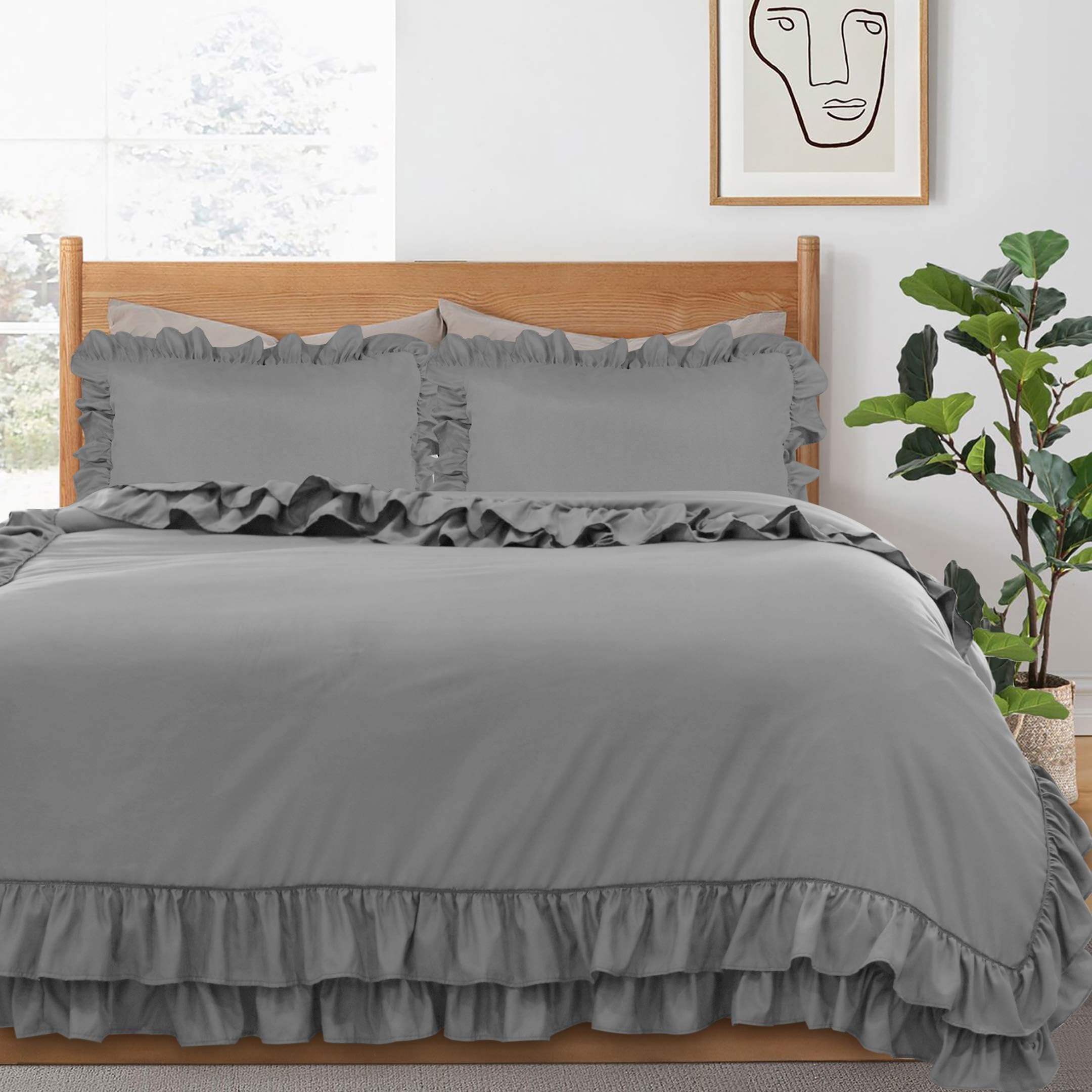 QATAN 3 Pieces Ruffle Bedding Set with 2 Pillowcase Frills Duvet Cover with Button Closure Soft Microfiber Duvet Cover Set (Gray, Single) — image 1