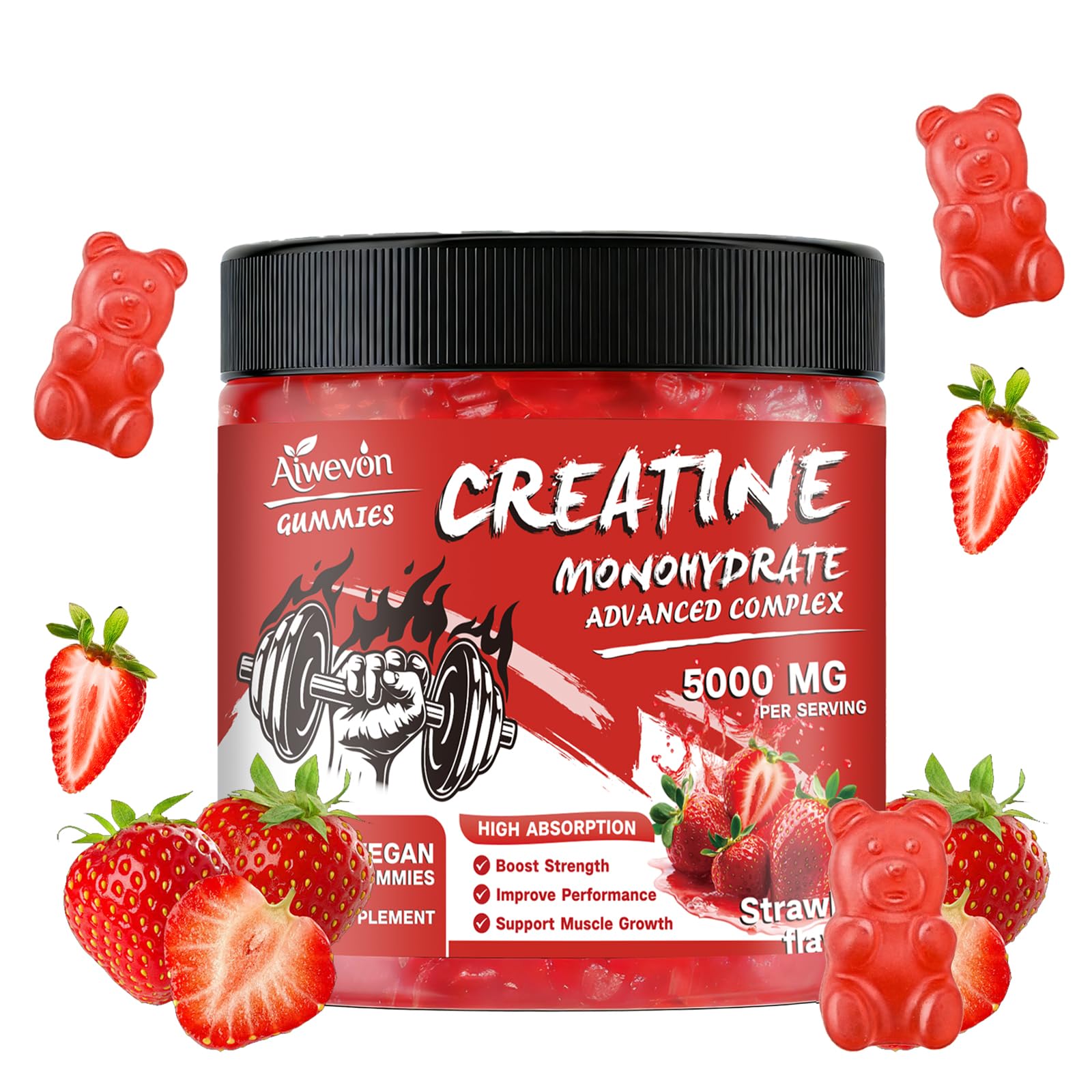Creatine Monohydrate Gummies 5000MG, Strawberry Flavored Vegan Creatine Gummies for Women & Men, Sugar Free Clean Creatine Supplement, 120 Chews for Muscle, Strength, Workout & Daily Fitness
