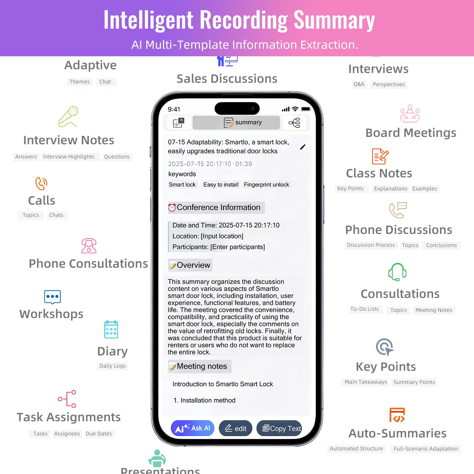 Registratore vocale AI, registratore vocale da 64 GB con supporto magnetico, trascrizione AI, mappa mentale e riepilogo tramite app, supporta 189 lingue, registratore digitale portatile per lezioni
