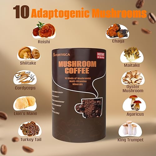 Miniatura 6 de Café de hongos 10 en 1, 2000 mg (melena de león, cordyceps y otros) Suplemento de hongos café instantáneo en polvo Ashwagandha Multivitaminas de