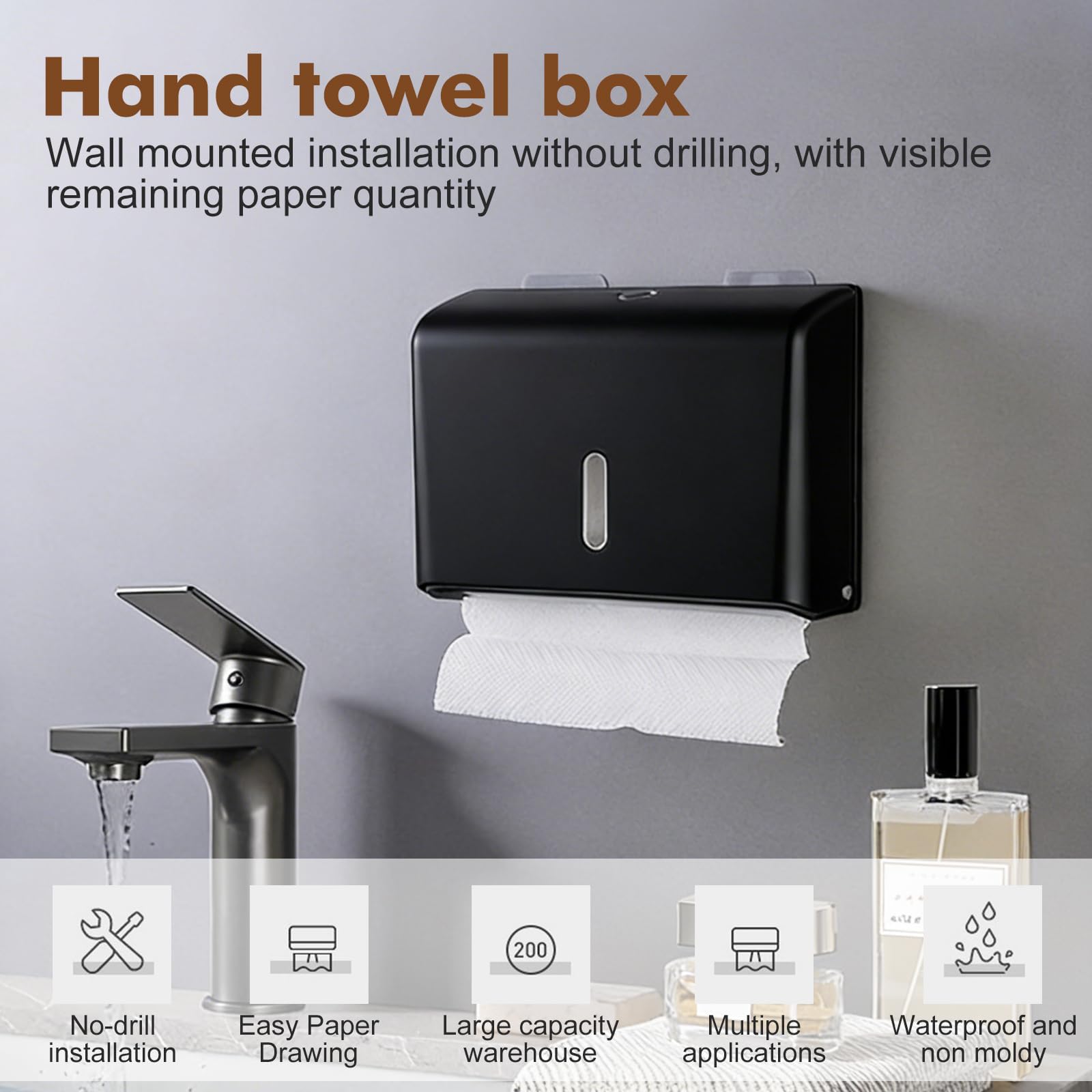 Papierhandtuchspender, Handtuchspender für Papierhandtücher, 200 Blatt Z-Falz/Multifold, Papiertuchspender, Papierspender für Küche Badezimmer Büro Restaurant, Schwarz