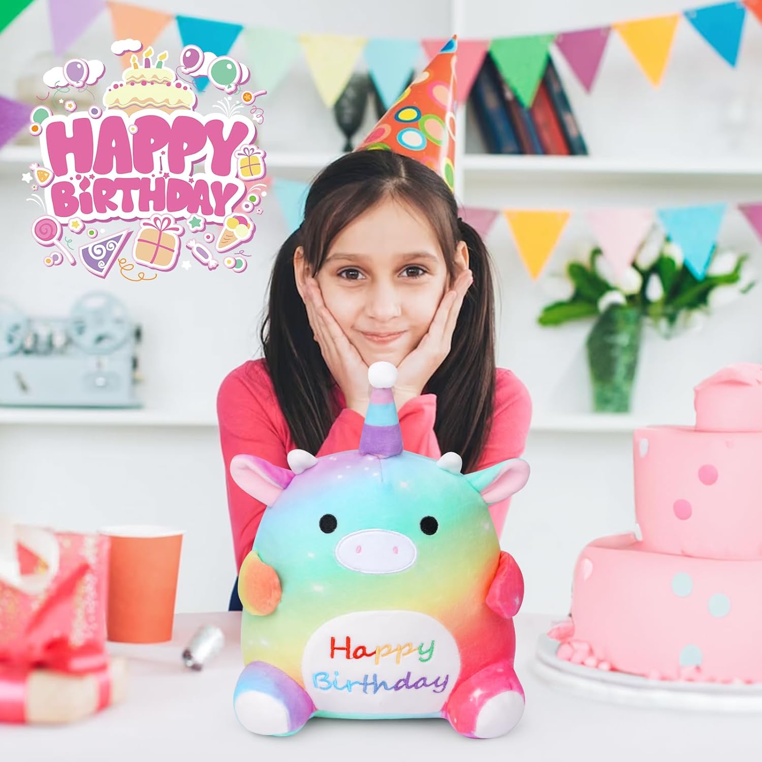 Cow Stuffed Animal, 10inch Happy Birthday Cow Plush with Unicorn Hat Cute Cow Plushie Soft Plush Pillow, Kawaii Birthday Gift for Kids Girls Boys Adults