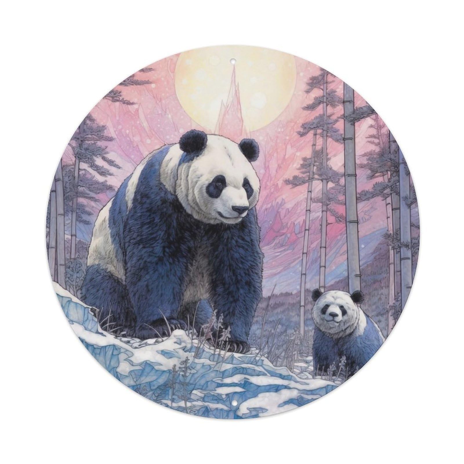 Animal Art Poster Giant Panda And Panda Cub Vintage Metal Tin Sign Plaque Wall Decor for Cafe, Club, Garden Round Metal Poster 8x8Inch