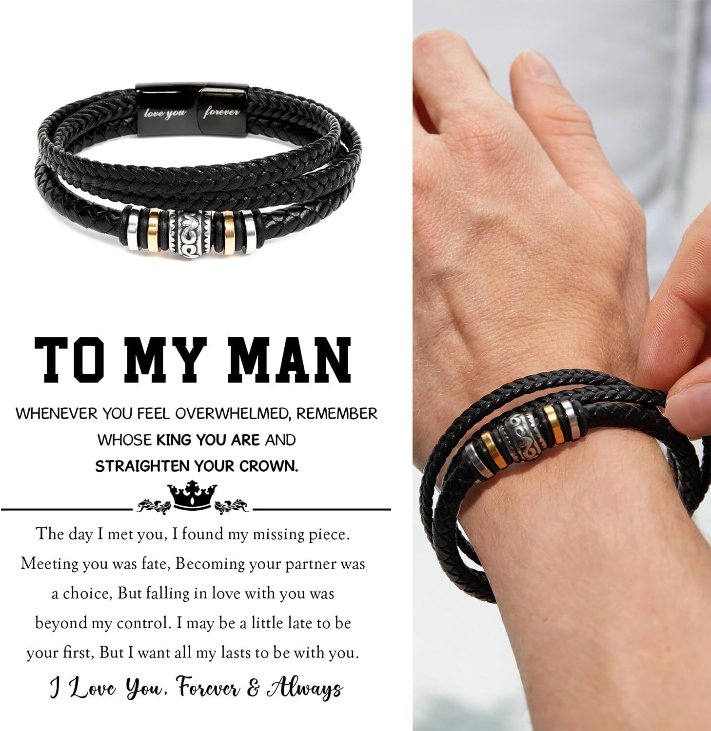 To My Man Promise Bracelet – Leather Cross Bracelet for Him – Romantic Gift for Boyfriend Husband – Anniversary, Birthday, Valentine’s Day Gift – Love Message Card Jewelry for Men