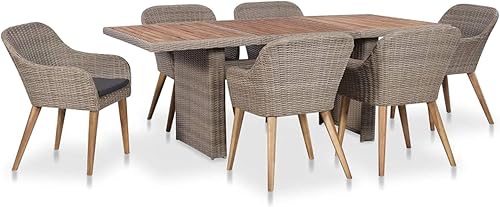 Tidyard Juego de comedor de 7 piezas para patio, mesa de comedor con parte superior de madera de acacia con 6 sillas de jardín y cojín gris oscuro,
