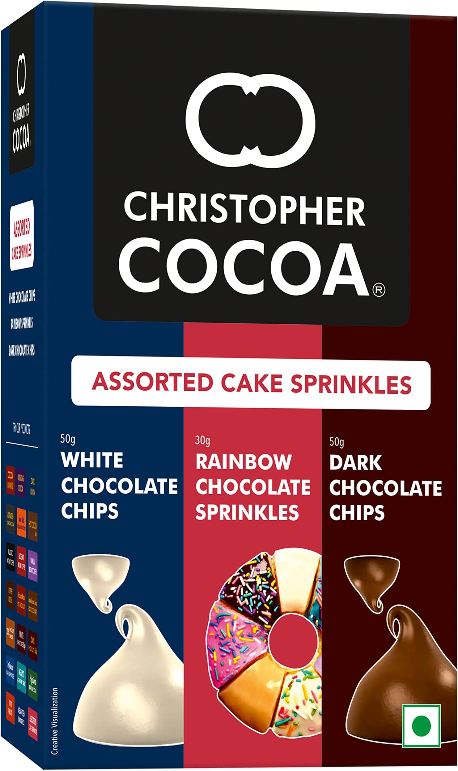 Christopher Cocoa Assorted Cake Sprinkles Dark Chocolate Chips 50 Gram, White Chocolate Chips 50 Gram, Rainbow Chocolate Sprinkles 30 Gram (Snack, Topping Ice Cream, Cakes, Baking)
