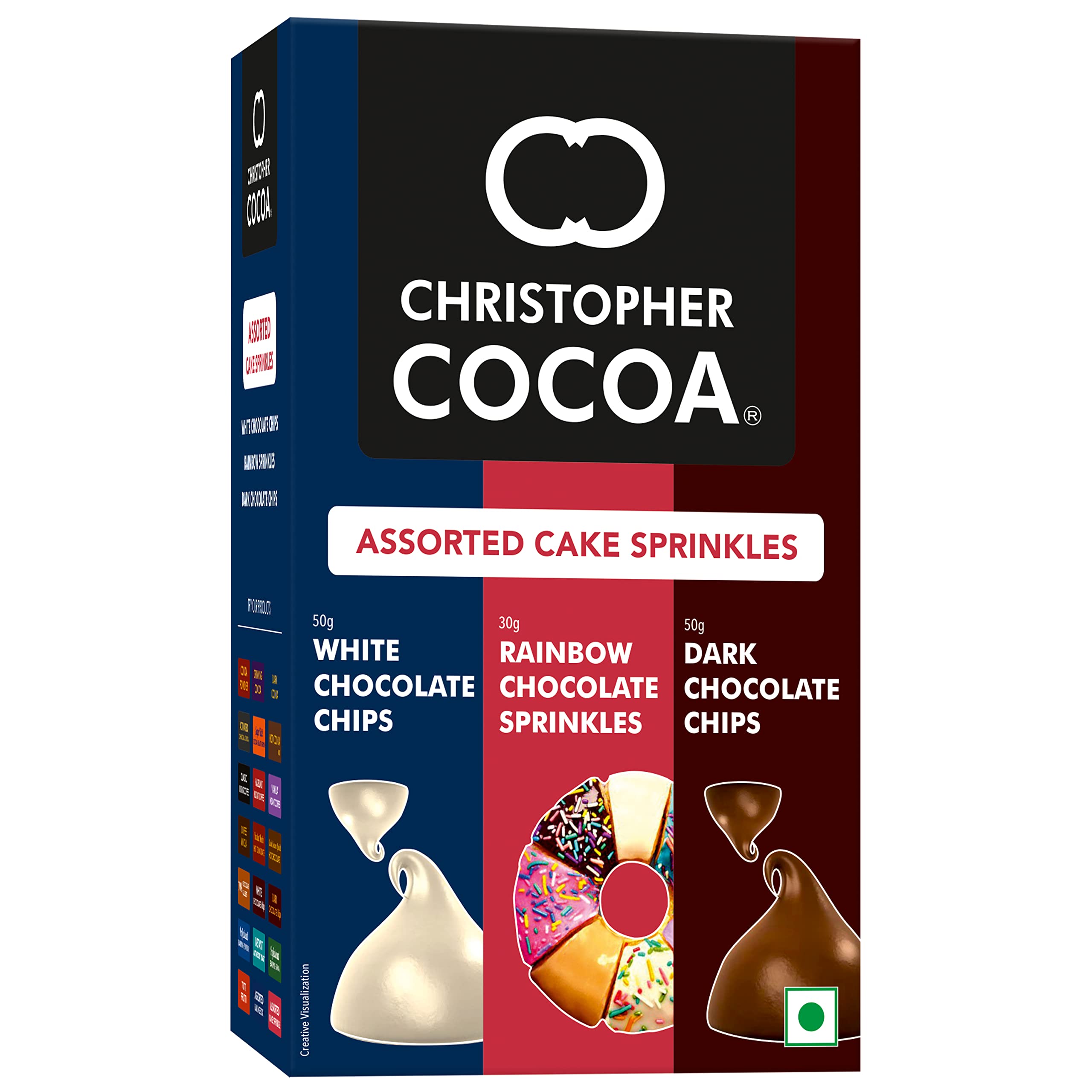 Christopher Cocoa Assorted Cake Sprinkles Dark Chocolate Chips 50 Gram, White Chocolate Chips 50 Gram, Rainbow Chocolate Sprinkles 30 Gram (Snack, Topping Ice Cream, Cakes, Baking)