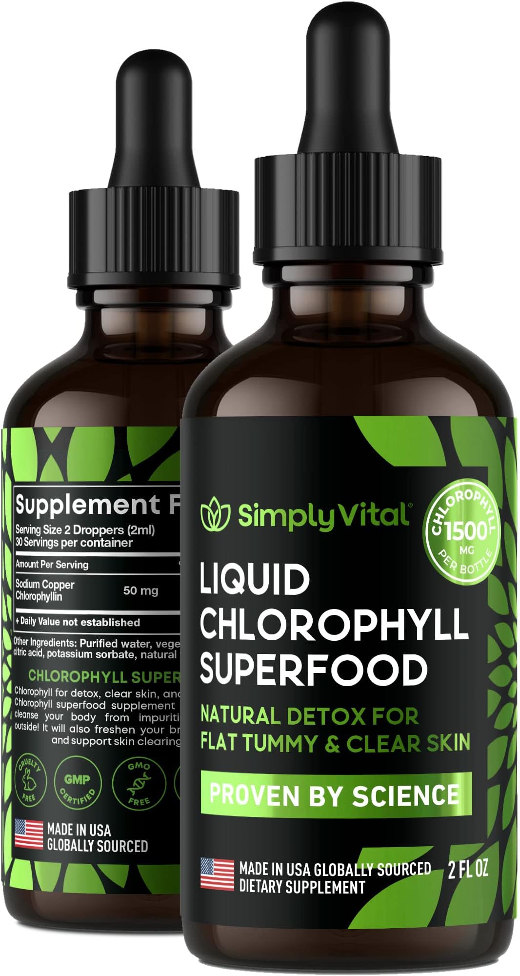SimplyVital Chlorophyll Liquid Drops for Clear Skin & Energy Boost - Immune Support Supplement - Made in USA - Liquid Chlorophyll for Gut Health - Internal Deodorant - Antioxidant- 2 FL OZ