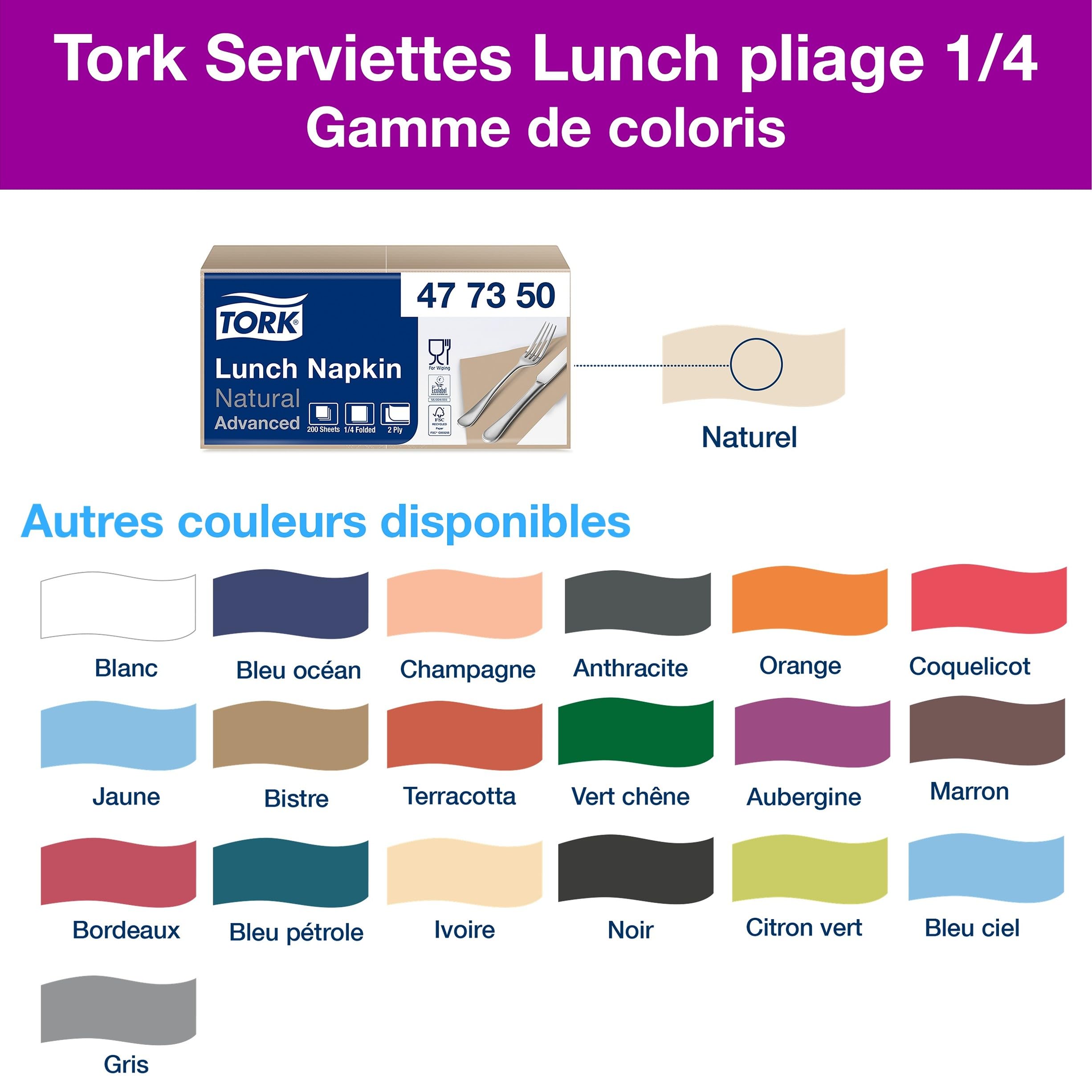 Tork Serviette Lunch naturel, 477350, 10 x 200 serviettes | pliage 1/4, 2 plis, 33 cm x 33 cm