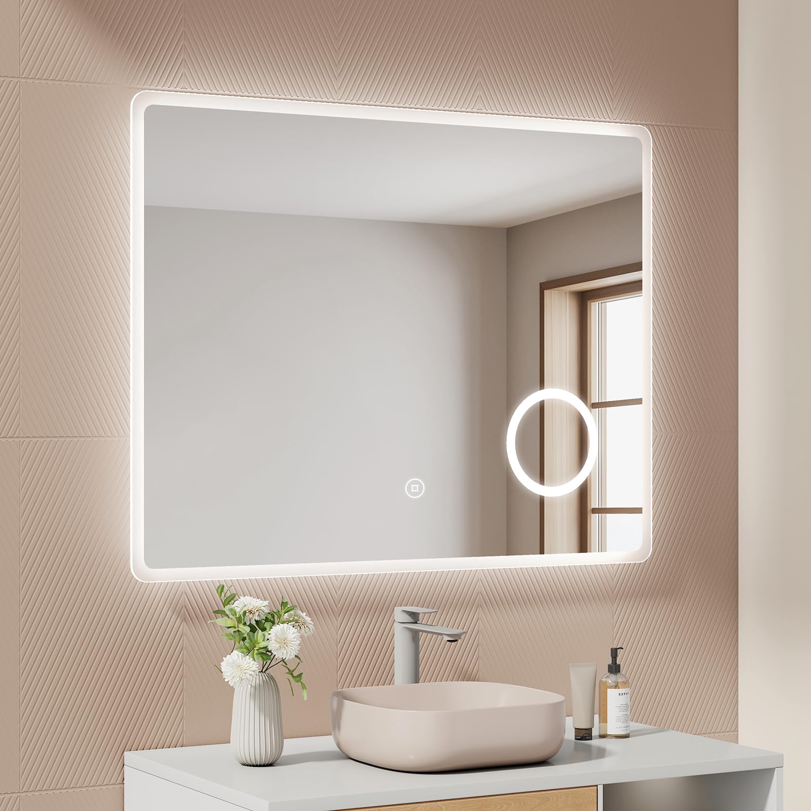 EMKE Backlit Illuminated Bathroom Mirror with Shaver Socket 900x700mm, Wall Mounted Multifunction LED Bathroom Vanity Mirror with Touch Switch, Demister Pad and 3x Magnifier [Horizontal]