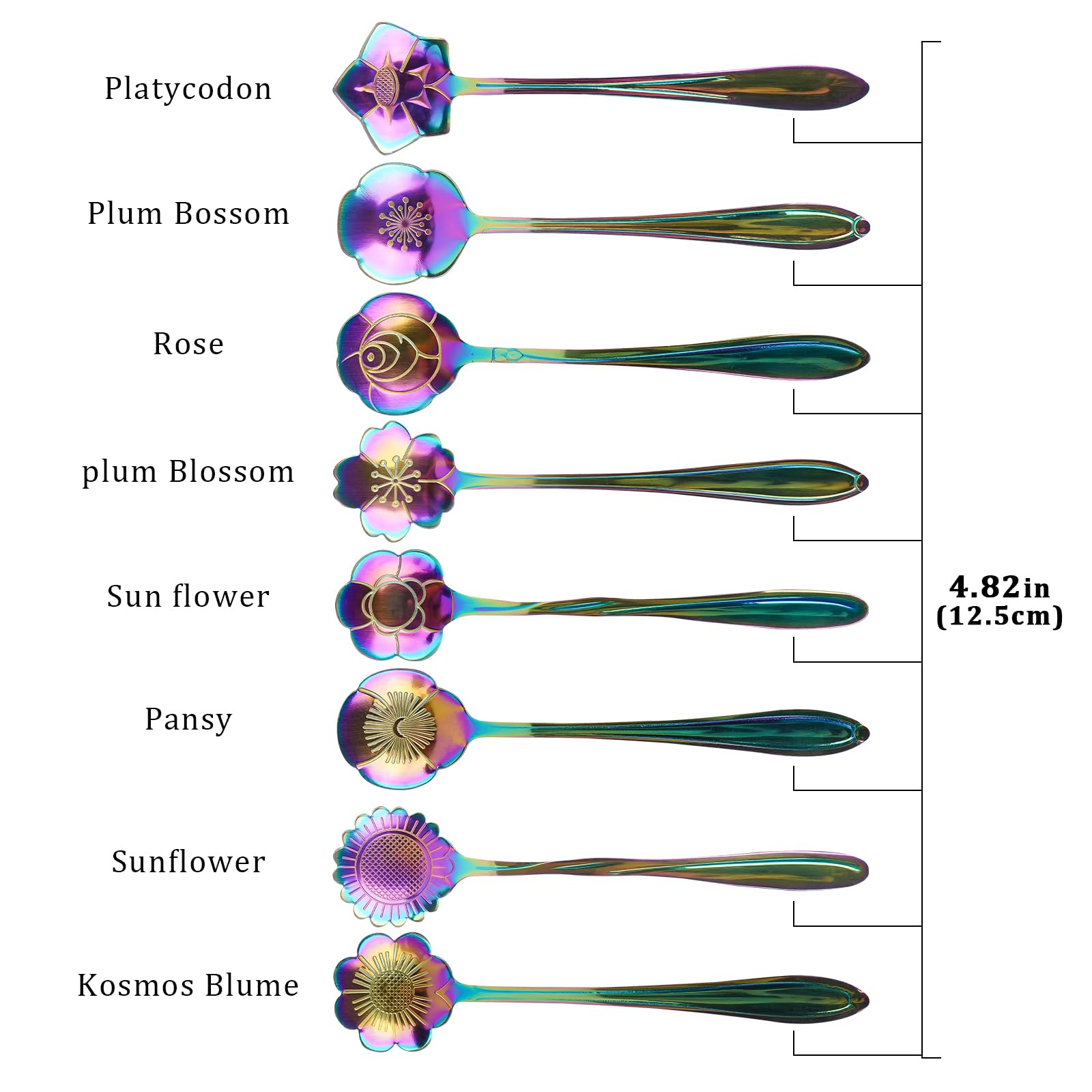 Biiange Flower Spoon Coffee Teaspoon Set, Stainless Steel Tea Spoon, Stainless Steel Tableware Creative Sugar Tea Utensil for 8 Different Patterns (Colorful)