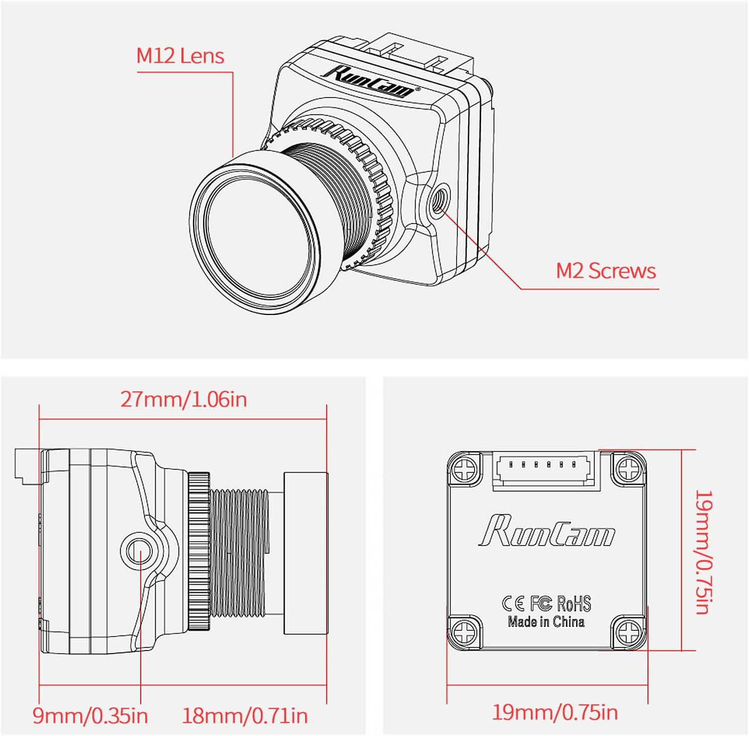 Technical drawing showing dimensions of the RunCam Night Eagle 3 V2 camera, including length, width, and height in millimeters and inches.