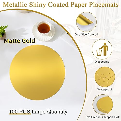 Miniatura 3 de SHACOS 50 manteles individuales desechables de papel redondo dorado mate de 13 pulgadas, manteles individuales desechables para mesa de comedor,