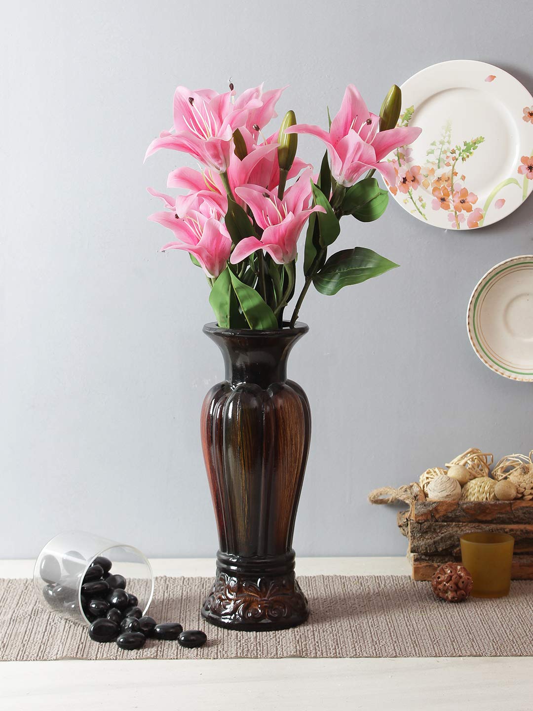 Fourwalls Artificial Real Touch Lillies Flower Bunch (Dark/Pink, 1 Piece)