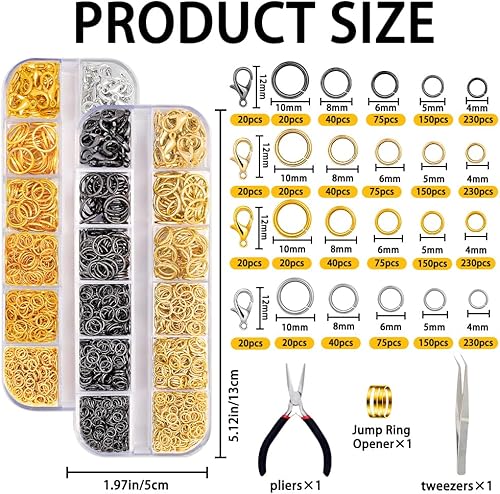 Miniatura 2 de DIYDEC Anillos de salto para hacer joyas, 2143 piezas de anillos abiertos y cierres de langosta, collar, pulsera, kit de reparación de joyas con