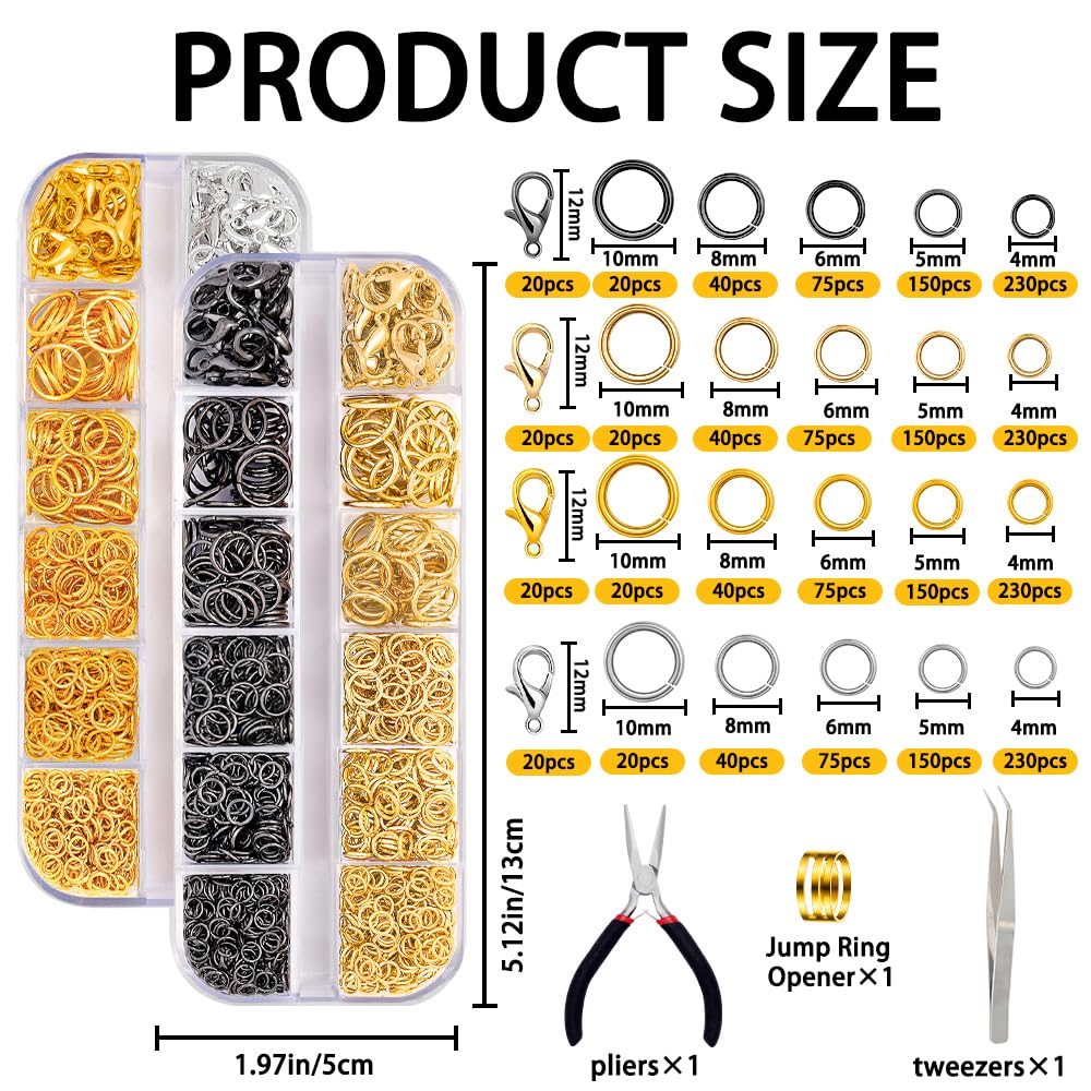 Kit De 1443 Anneaux Ouverts Pour Bijoux DIY - Tailles 4 à 10 Mm - Avec Pinces Et Boîte De Rangement - Or Et Argent