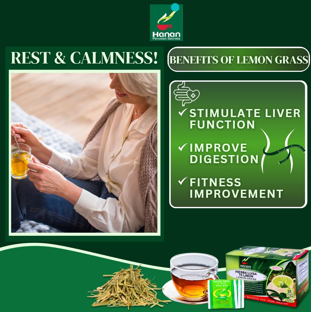 Hanan Lemongrass 25 Herbal Tea Bags - Hierba Luisa Te de Limon Dried Lemon Grass Leaf Herbs & Hierbaluisa Natural Supplement from Peru - Image 4