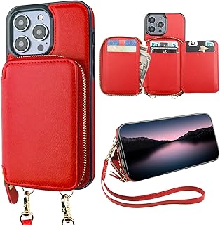 Bocasal RFID Blocking Wallet Case for iPhone 14 Pro Max, Adjustable Crossbody Zipper Purse Case Card Holder with Kickstand Detachable Wrist Strap, PU Leather Flip Folio Case 6.7 Inch 5G (Red)