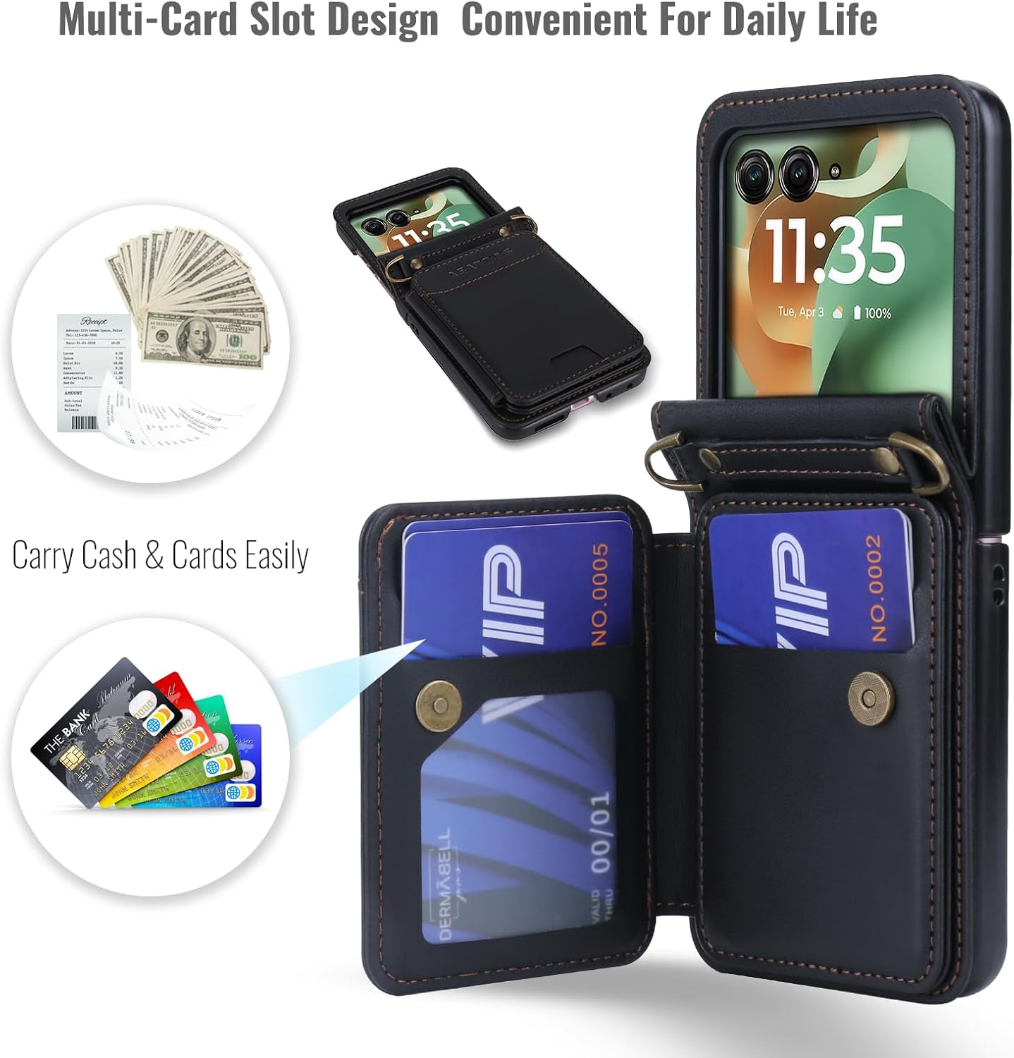 ASAPDOS for Motorola Razr 2025/2024 Wallet Case - 5 Card Slots RFID Blocking | Detachable Crossbody Strap & Wristlet | Snap Magnetic Cover | Shockproof PU Leather Black