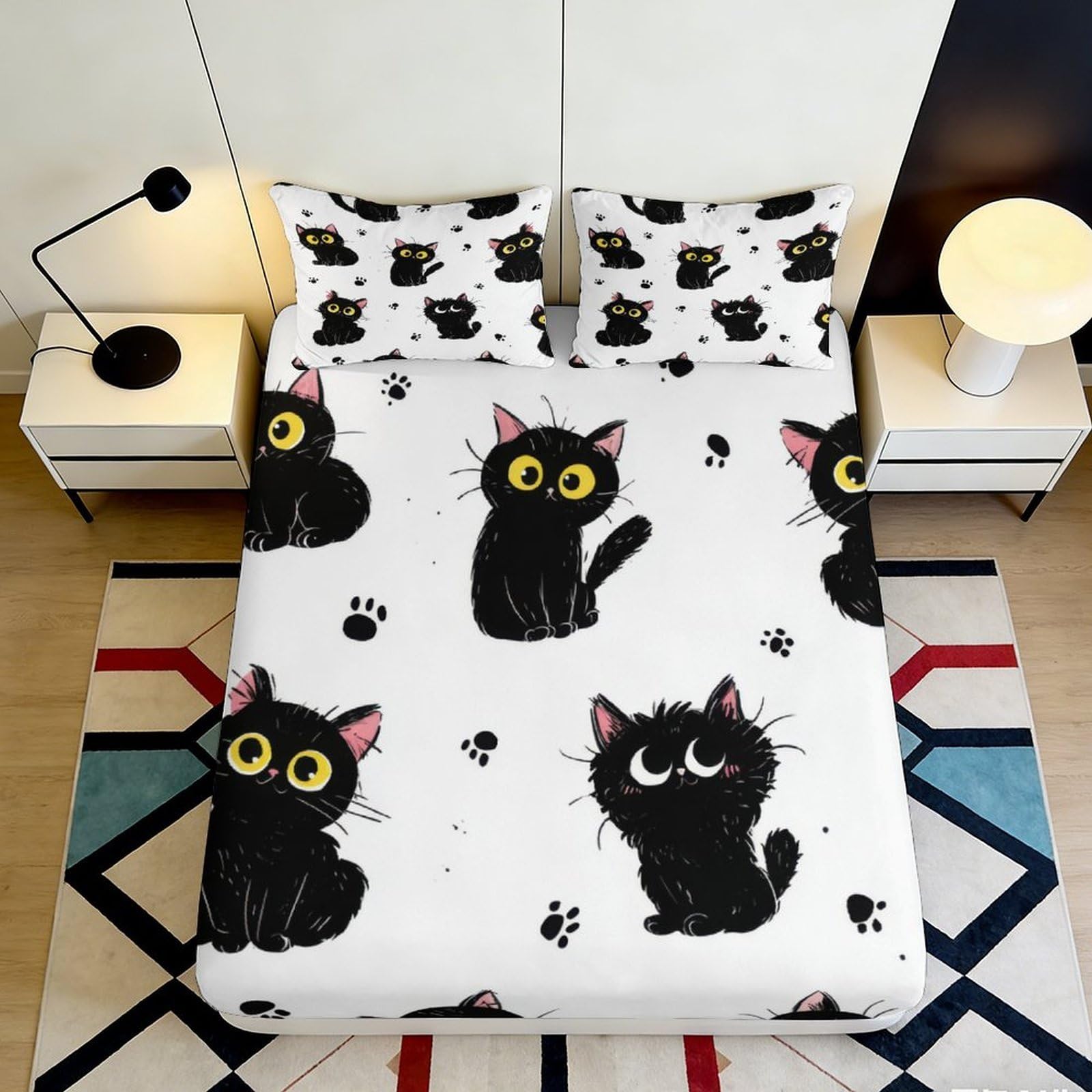 3D Printed Black Cat Fitted Sheet Microfiber Cute Cartoon Cat Mattress Cover Anti-Slip Washable for Bedroom Guest Room Decor 90x200x25cm
