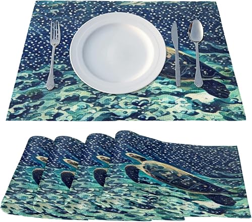 Miniatura 2 de Juego de 4 manteles individuales con diseño de tortuga de animales, lavables, impermeables, para fiestas, hogar, comedor, decoración de mesa de 18 x