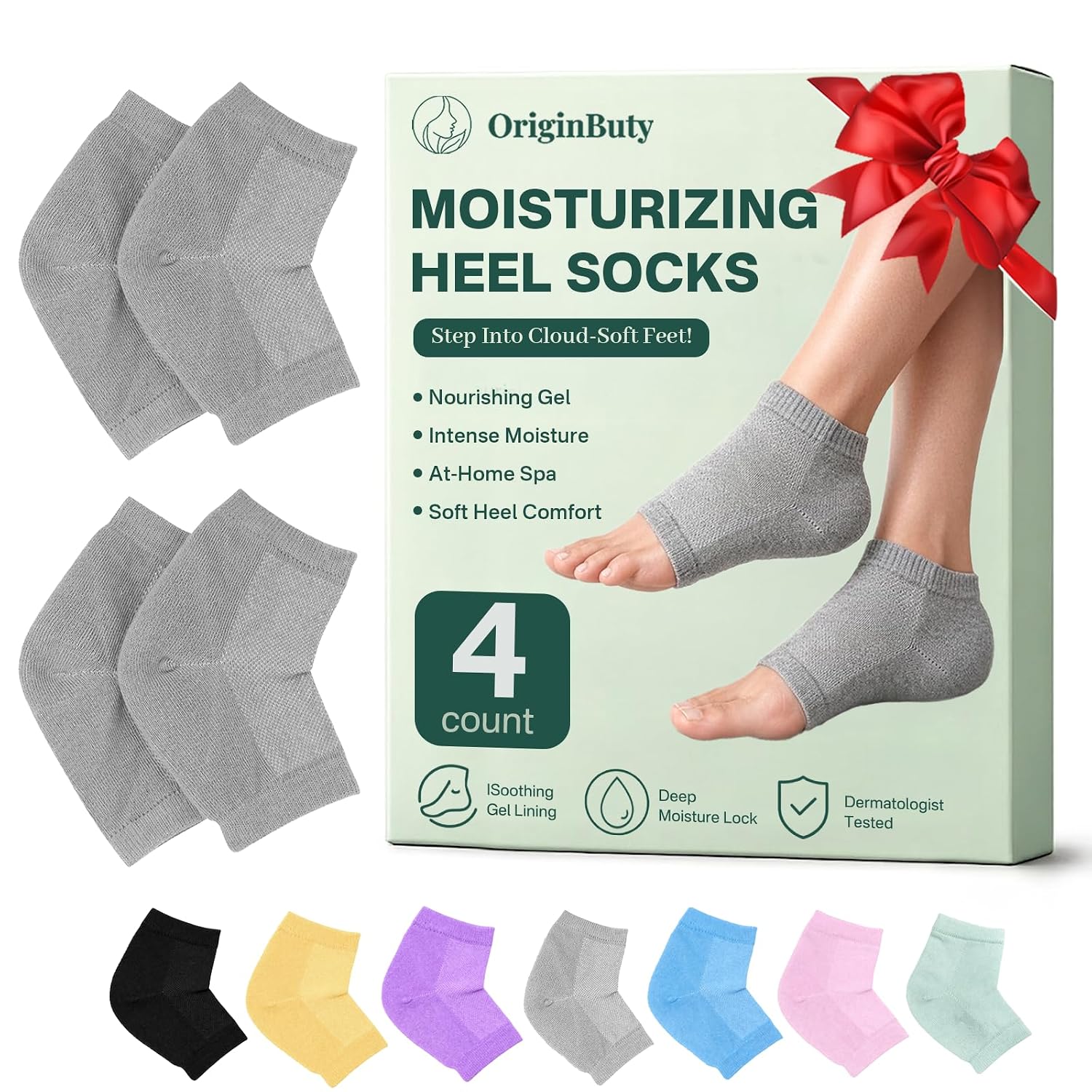 Originbuty 4 Socks Moisturizing Socks for Women, Silicone Socks & Gel Socks, Heel Socks for Dry Cracked Feet, Heel Protectors for Cracked Heel Treatment, Foot Care Socks, Toeless Socks for Women and Men, Gray