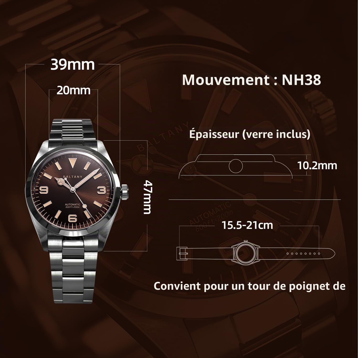 Baltany Explorer Homage Montre automatique 36/39 mm étanche vintage GADA pour homme avec luminescence