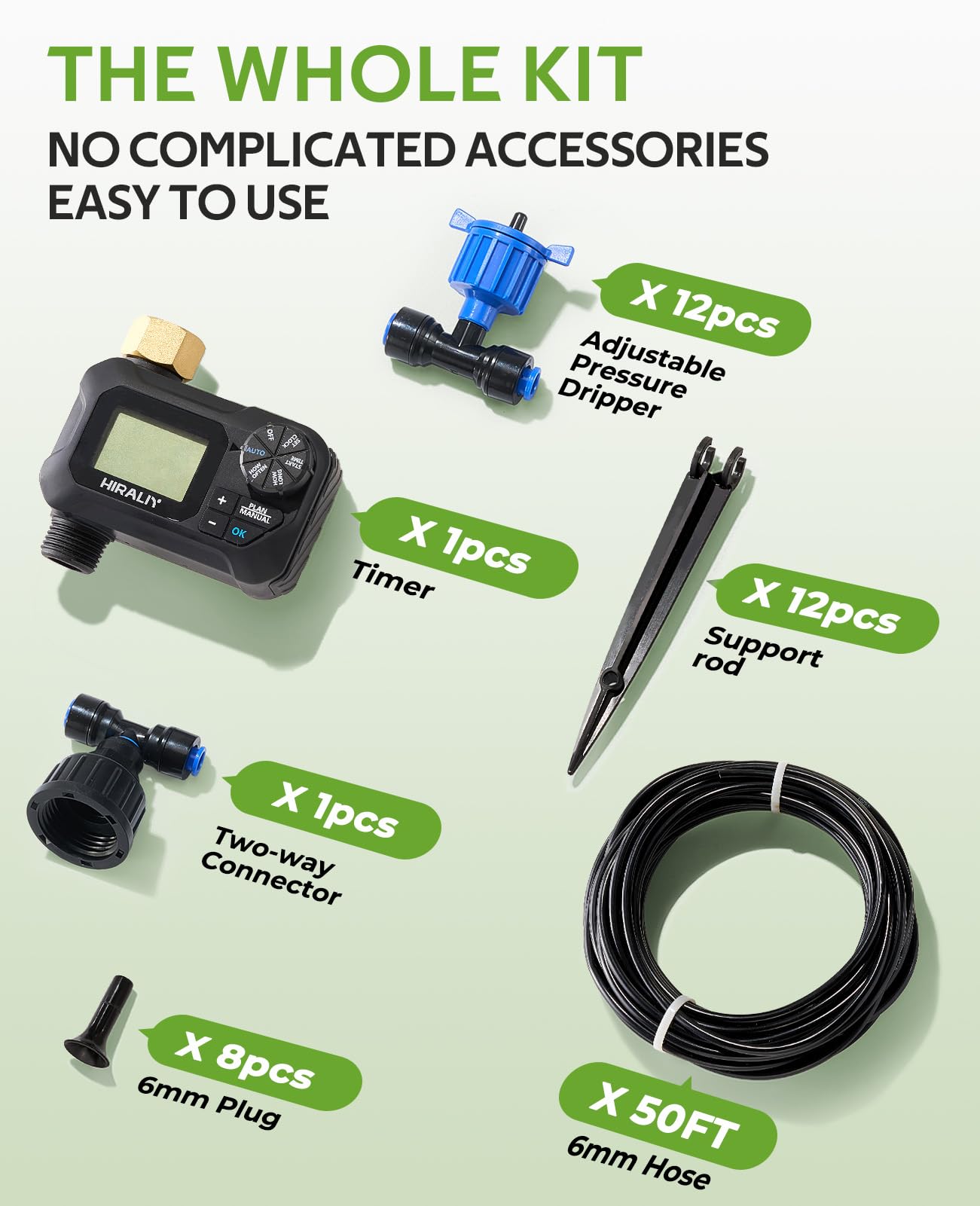 HIRALIY Kit di irrigazione a goccia con timer per aiuole rialzate da 15 m | Sistema di irrigazione compensato a pressione con connettori rapidi e 12 emettitori regolabili per vasi e piante da giardino
