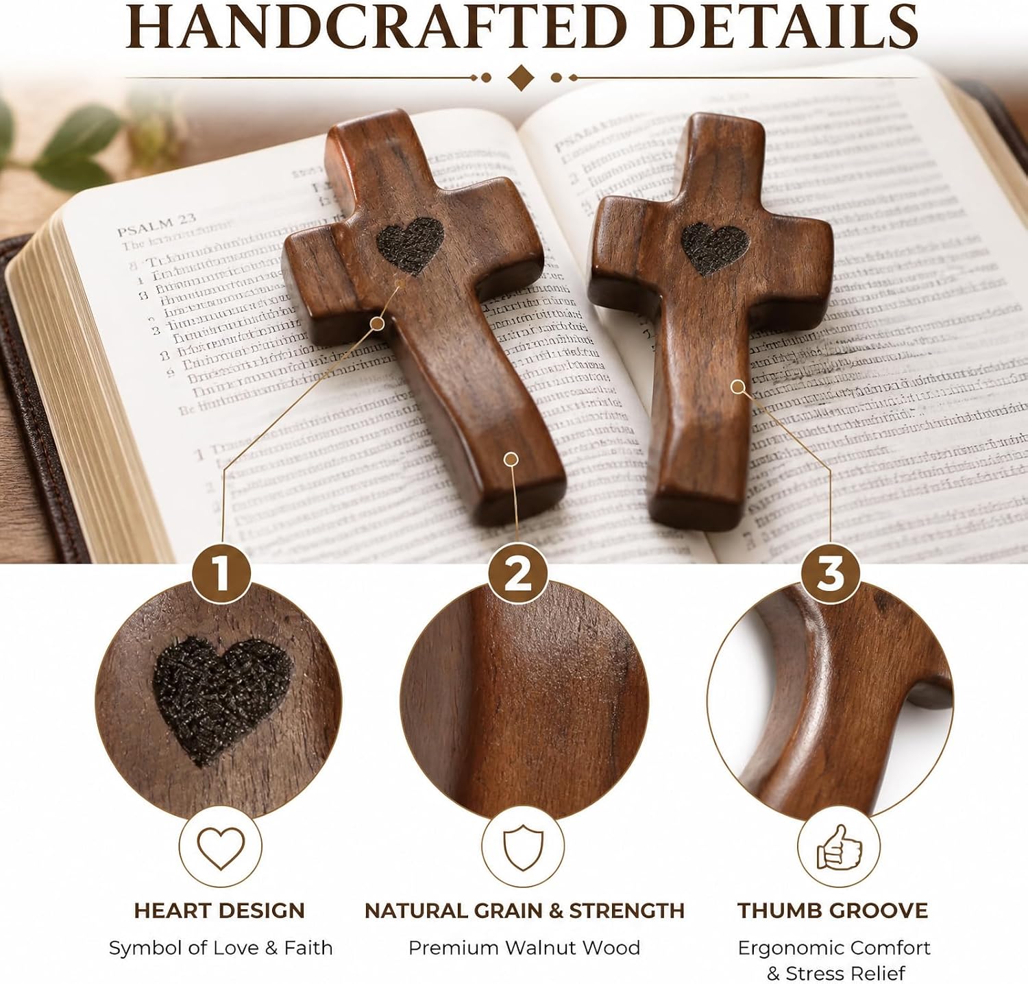TTMIZA 30Pcs Walnut Pocket Cross - Comfort Prayer Cross with Carved Heart - Anxiety Stress Relief - Small Wooden Holding Cross Religious Christian Easter Gifts for Women Men
