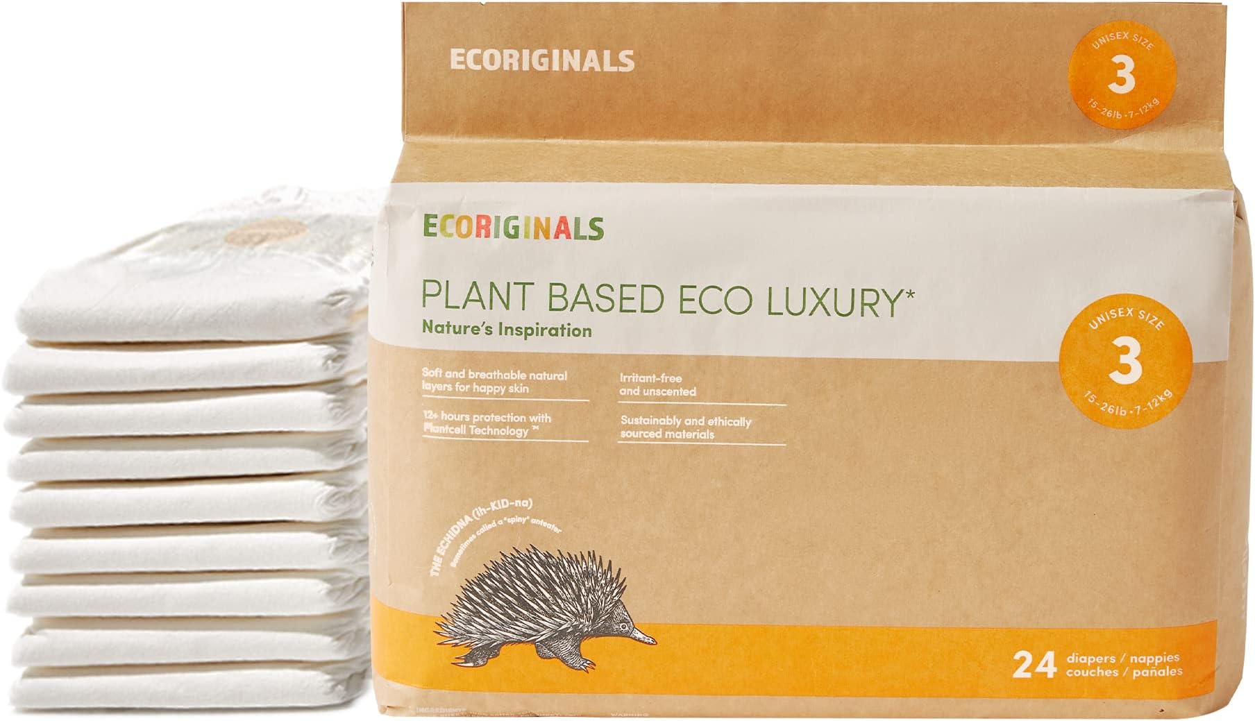 Eco Disposable Hypoallergenic Diapers | Crawler Size 3, 13-24lbs | 1 Pack, 24 Count | Plant-Based, Non-Toxic