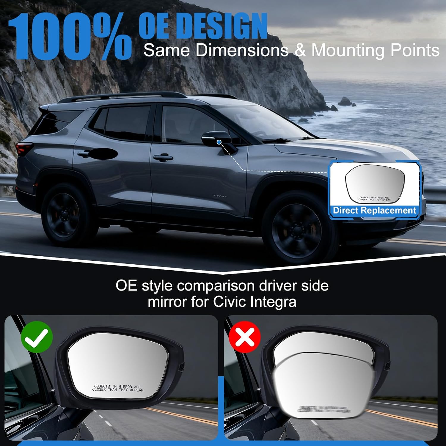 Passenger Side Heated Mirror Glass with Backing Plate Compatible with 2022 2023 2024 2025 Honda Civic & 2023-2025 Acura Integra, RH Side View Rear Replacement for OE 76203-T20-A02, Non-BSD