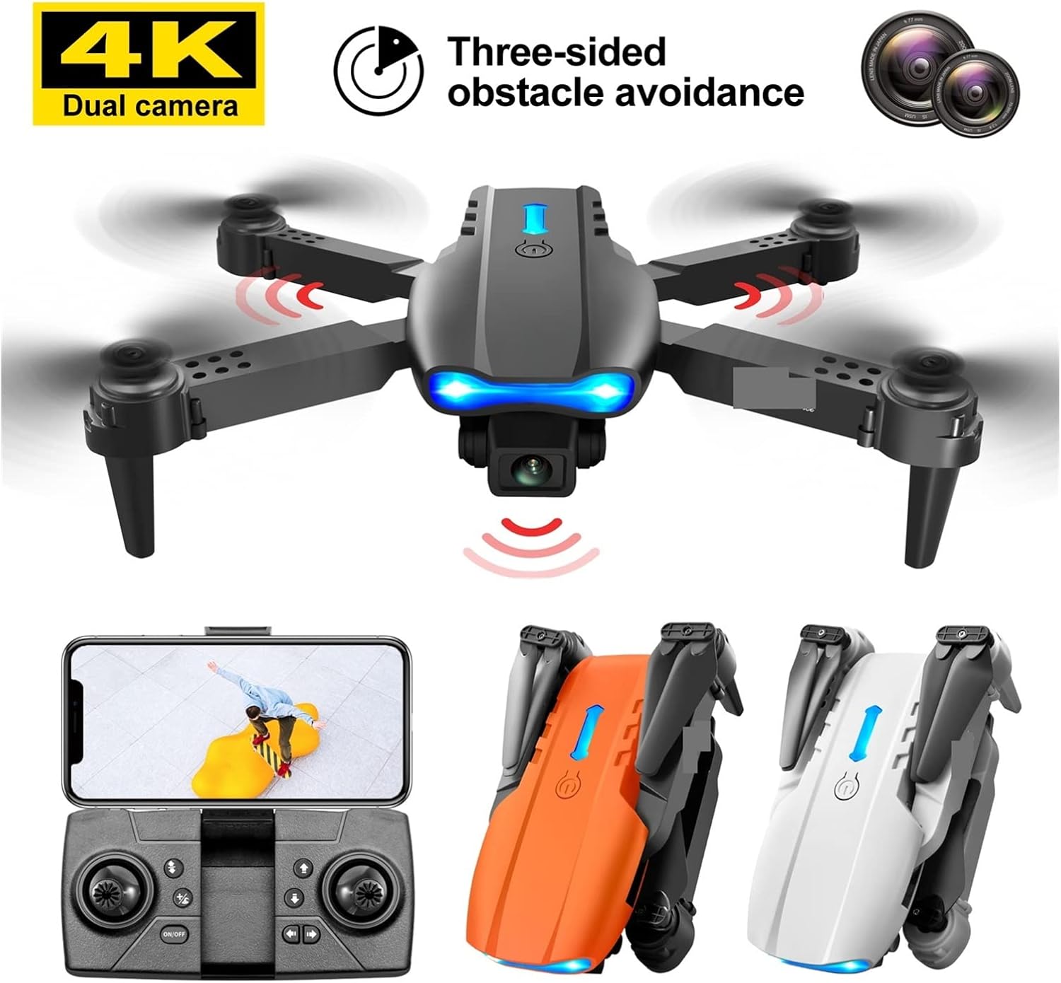 Foldable Drone Quadcopter Drone 4K Dual HD Camera Three Sided Obstacle Avoidance WiFi FPV Professional Foldable Quadcopter (Color : Black Dual4K Bag 1B Size : 1) (Black 4k Bag 3B 1)