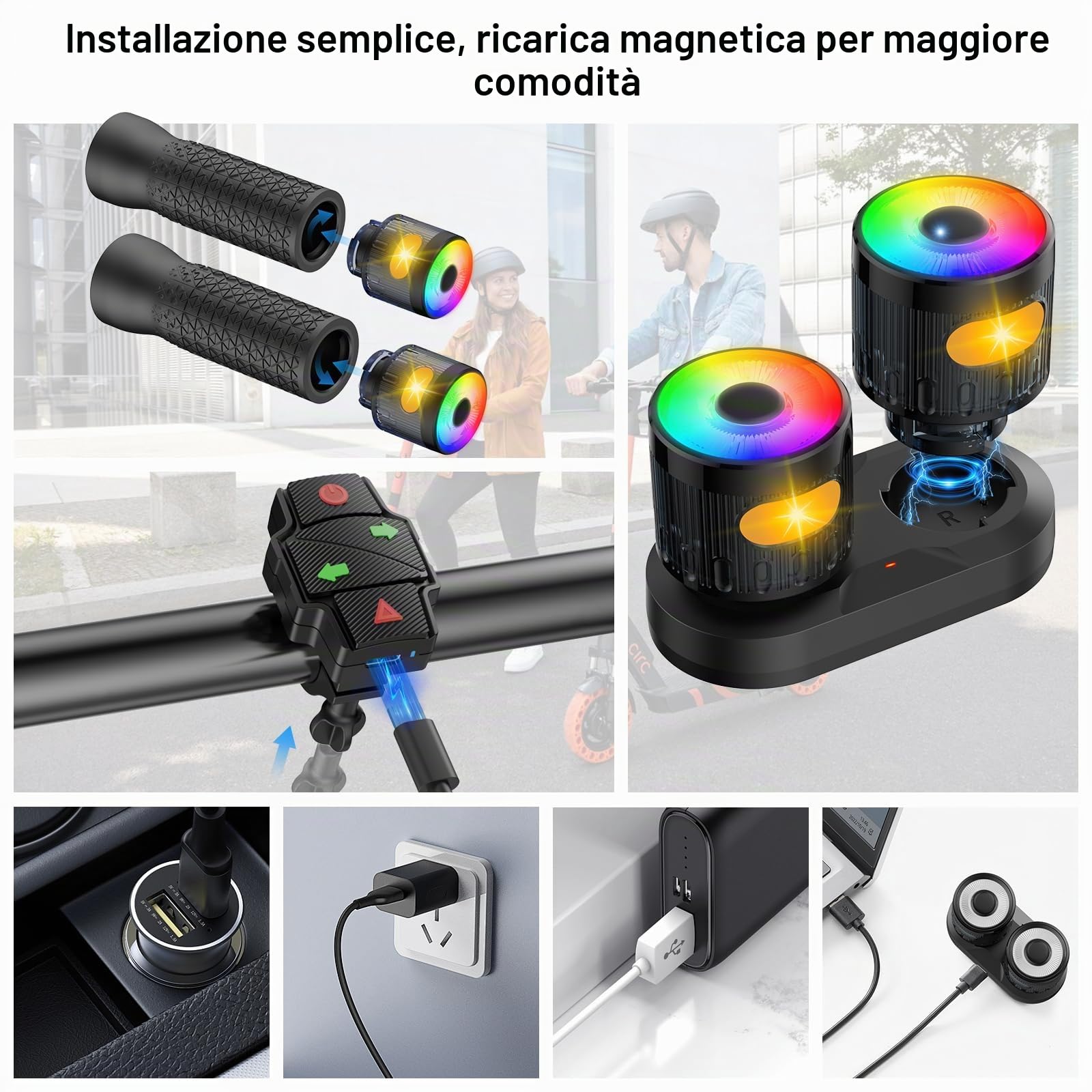 E Scooter Freccia Maniglia Indicatori direzione colorati monopattino | Con ricarica magnetica e telecomando, installazione su manubrio, adatto Xiaomi Ninebot segnale luminoso sicuro