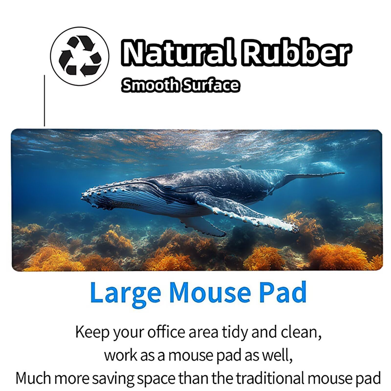 Tappetino Mouse XXL Balena, Oceano Gaming Tappetino Scrivania 1200x600x3mm, Mousepad Grande con Base in Gomma Antiscivolo, Sottomano Scrivania con Bordi Cuciti, Ufficio Accessori Gaming, per PC T-7582