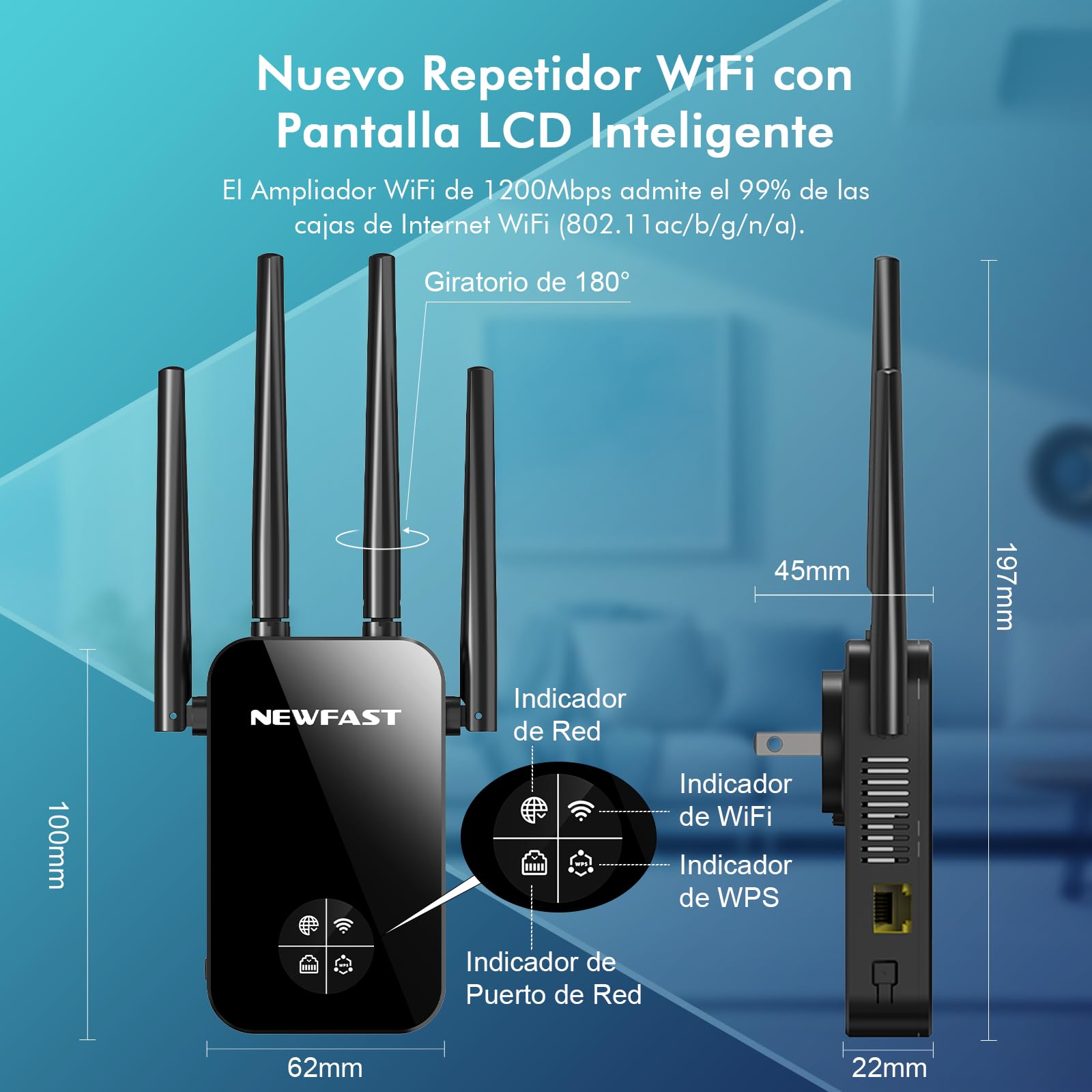 NEWFAST Repetidor WiFi Amplificador Señal WiFi 1200Mbps 5GHz Extensor Wi-Fi para Casa/Oficina, AC1200 Wi-Fi Extender Doble Banda 4X Antenas de Alta Ganancia, Puerto Ethernet, 5 Modos, WPA/WPA2
