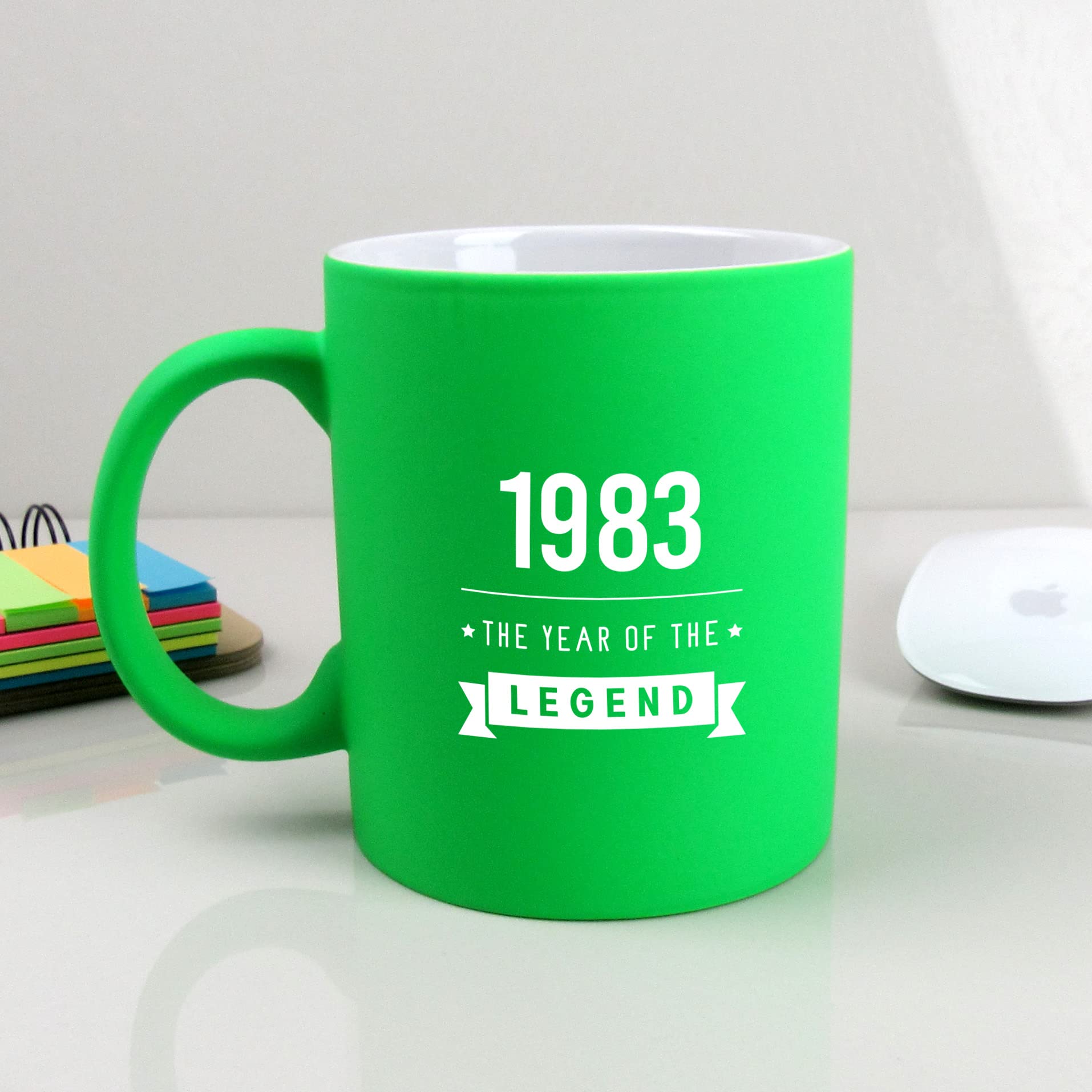 eBuyGB Engraved Neon Green Coffee Mug -1983 Year of The Legend Design - 40th Birthday Gifts for Him, Men - 310ml Tea Cup, Gift for Dad, Son, Brother, Uncle, Friend