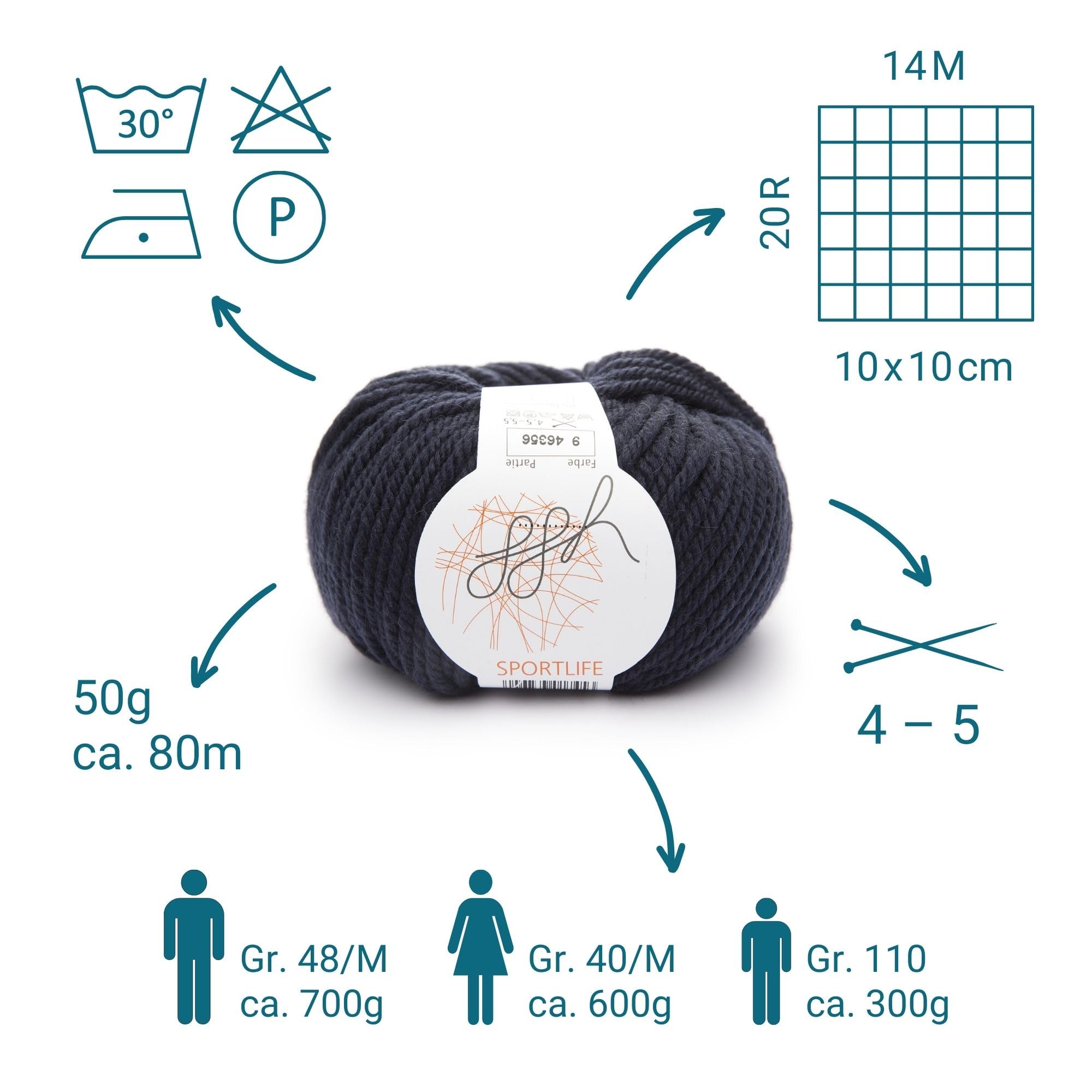 ggh Sportlife Box zestaw 300 g (6 x 50 g), 100% miękkie, naturalne włókna, żywa wełna w wielu kolorach, kolor 009 - granatowy