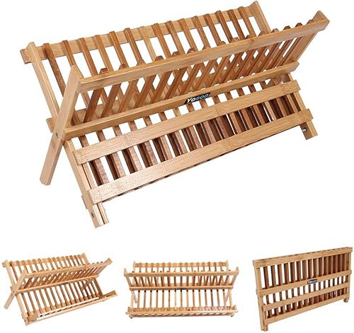 Miniatura 6 de Estante plegable de madera de doble nivel para cocina, plato escurridor de cubiertos, secadora de cubiertos