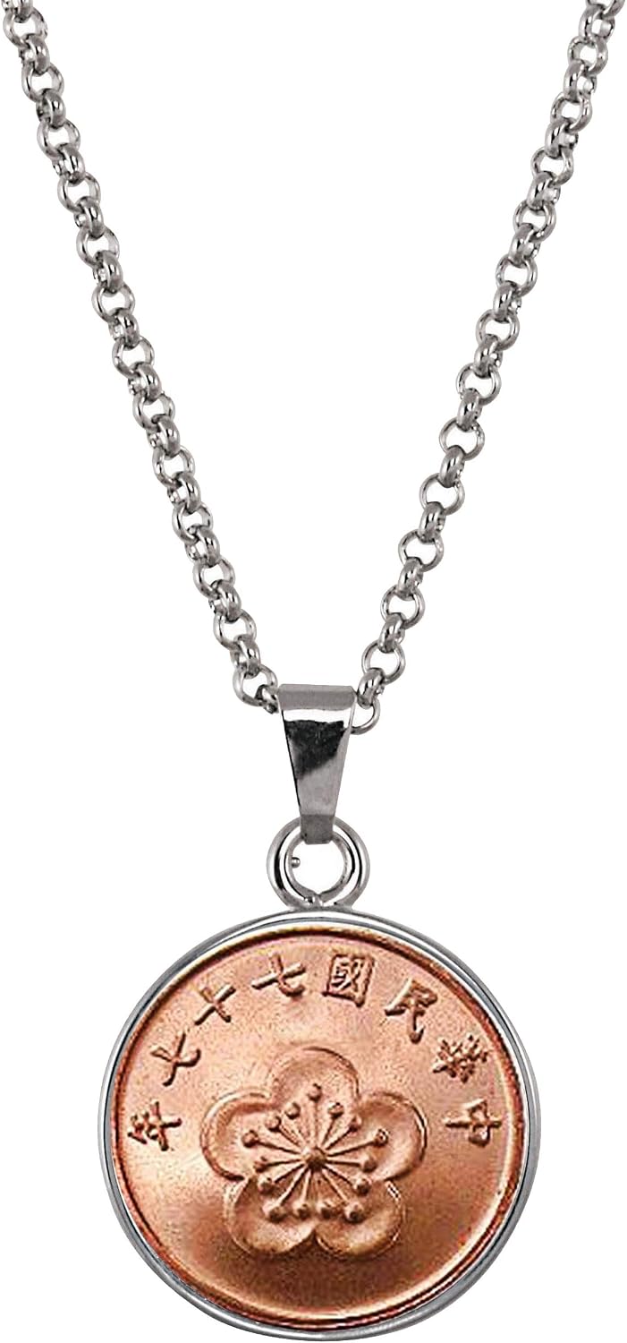 American Coin Treasures Lucky Taiwan Blossom Coin Silvertone Pendant Necklace| ½ New Dollar Mei Blossom Chinese Coin | 18 Inch Cable Chain Jewelry