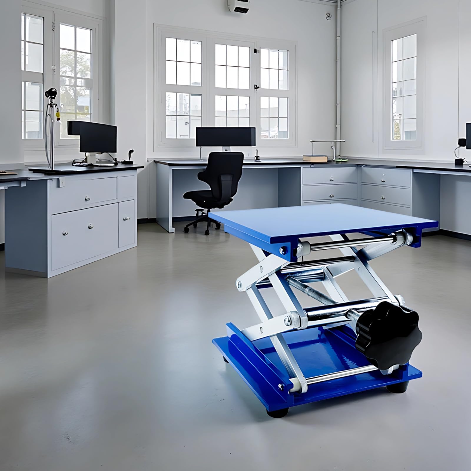 Edelstahl-Hubtisch, manuell höhenverstellbare Plattform mit Scherenstütze, 150 x 150 mm, Tragkraft bis 50 kg, für wissenschaftliche Laborversuche und sichere Gerätehandhabung