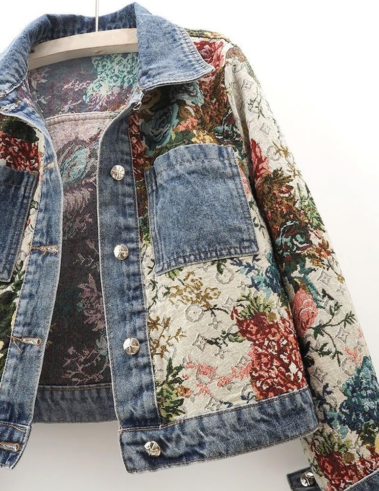 Women Flower Print Jean Jacket, 2025 Autumn Y2K Long Sleeve Button Down Lapel Cropped Denim Outerwear