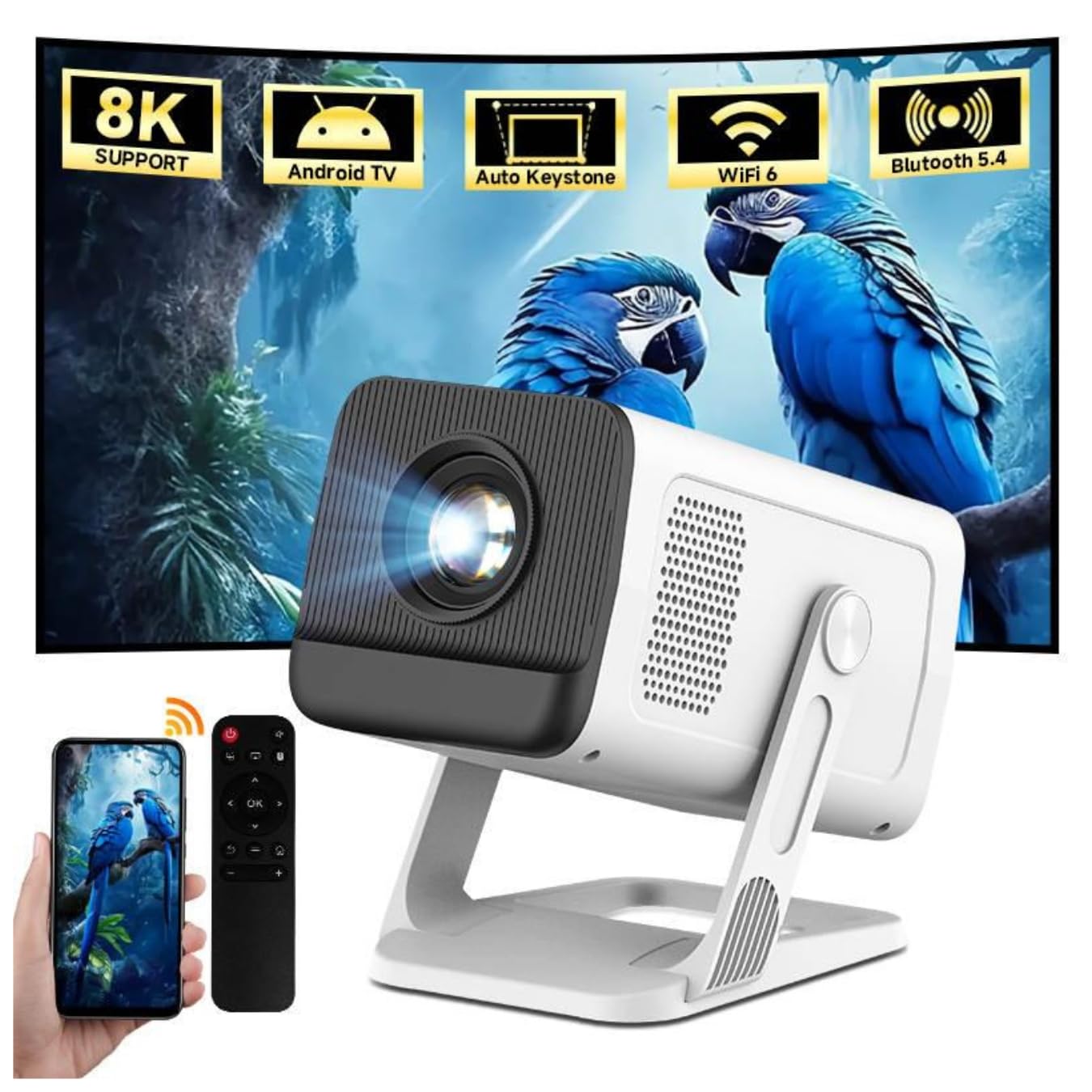 Proyector Portatil 4K-8K 1080P Nativo, Proyector para movil Android 14 WiFi 6 y Bluetooth 5.4, Corrección Trapezoidal Hardware, Proyección 40–120’’, Cine en Casa y Gaming [Apps Integradas]