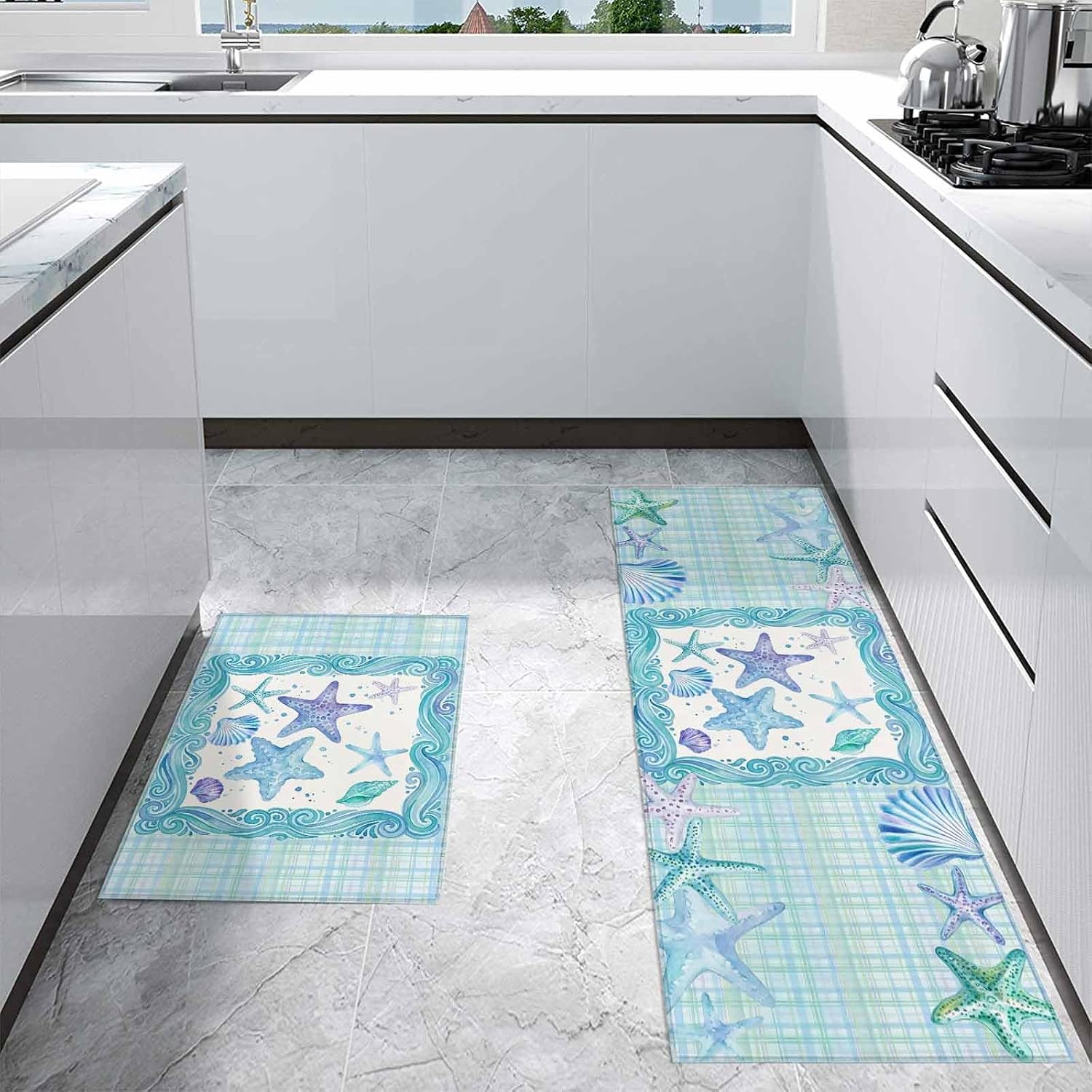 Kitchen Mats for Floor Summer Starfish Ocean Wave Washable Non Slip Kitchen Rugs 2PCS, Watercolor Marine Theme Plaid Absorbent Standing Mats for Sink Office Living Room 15.7x23.6in+15.7x47.2in