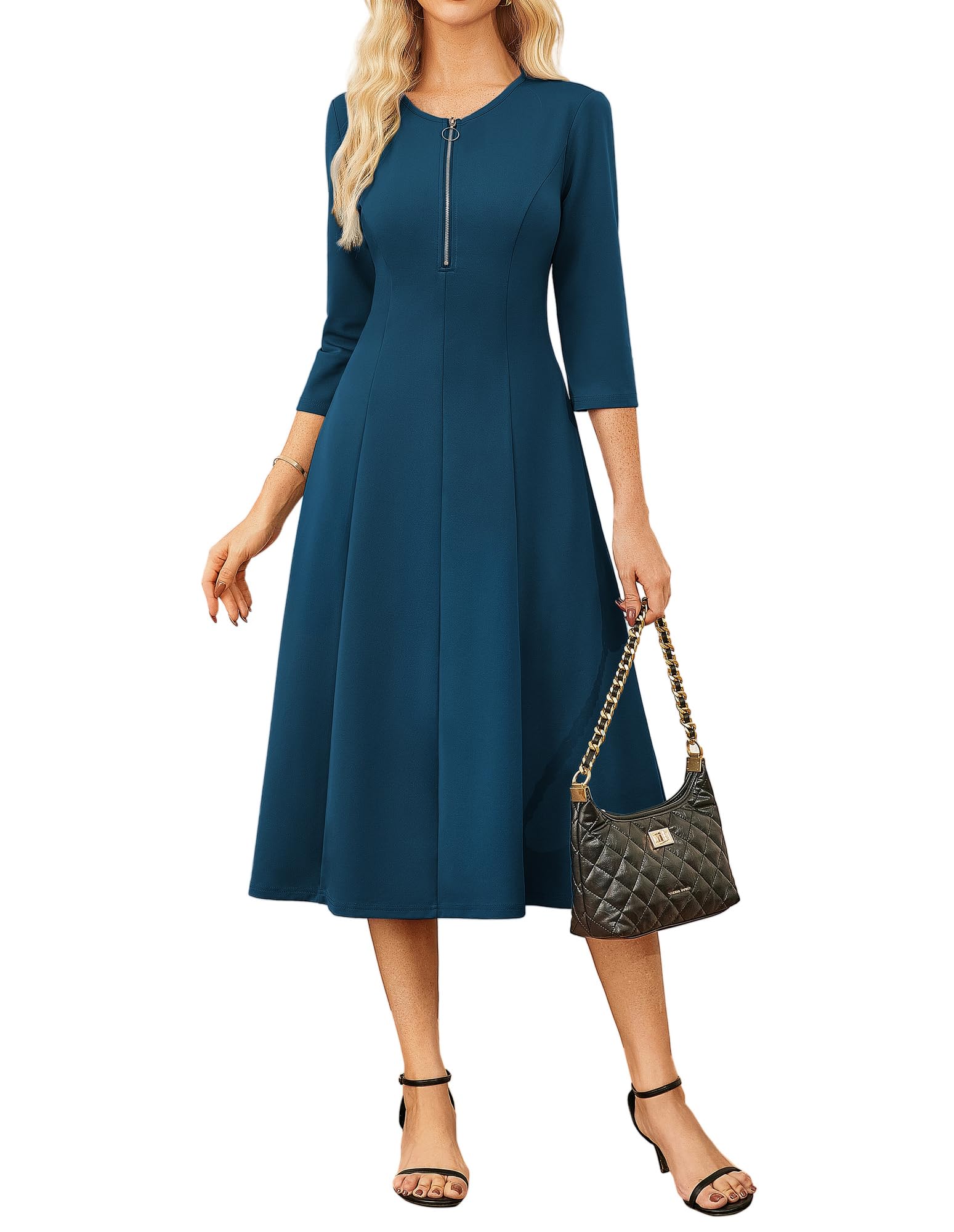 GRACE KARIN Womens Wear to Work Dresses Funeral Dress 3/4 Sleeve Zipper Front Empire Waist Aline Dress with Pockets