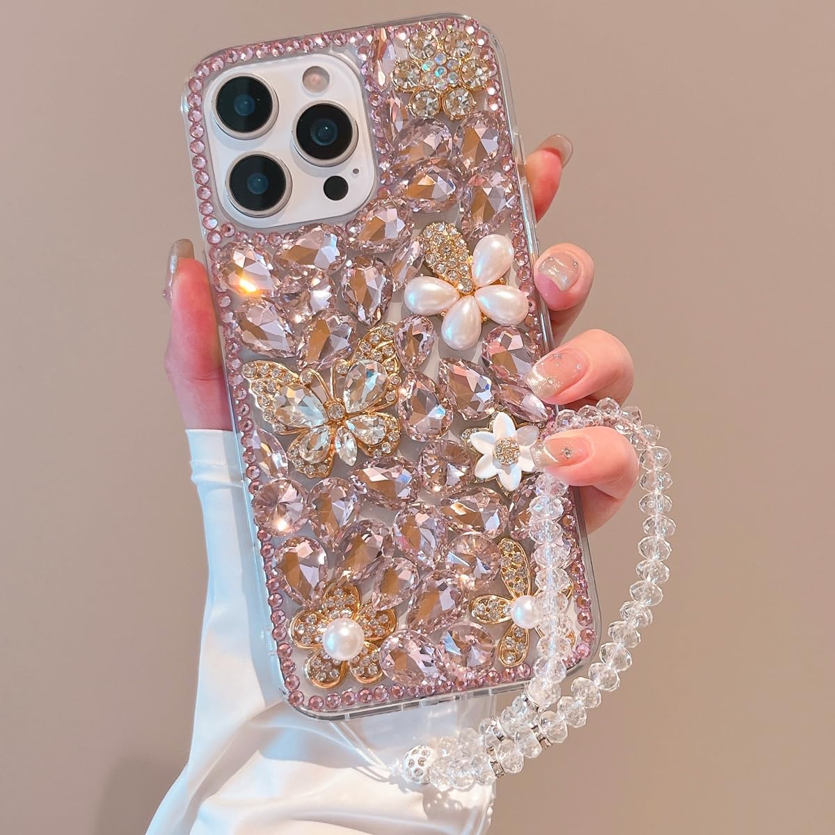 for iPhone 16 Pro Max Case with Wrist Strap Women Luxury 3D Bling Shiny Rhinestone Diamond Crystal Pearl Handmade Flowers Soft Protective Glitter Case for iPhone 16 Pro Max (Pink) image 3