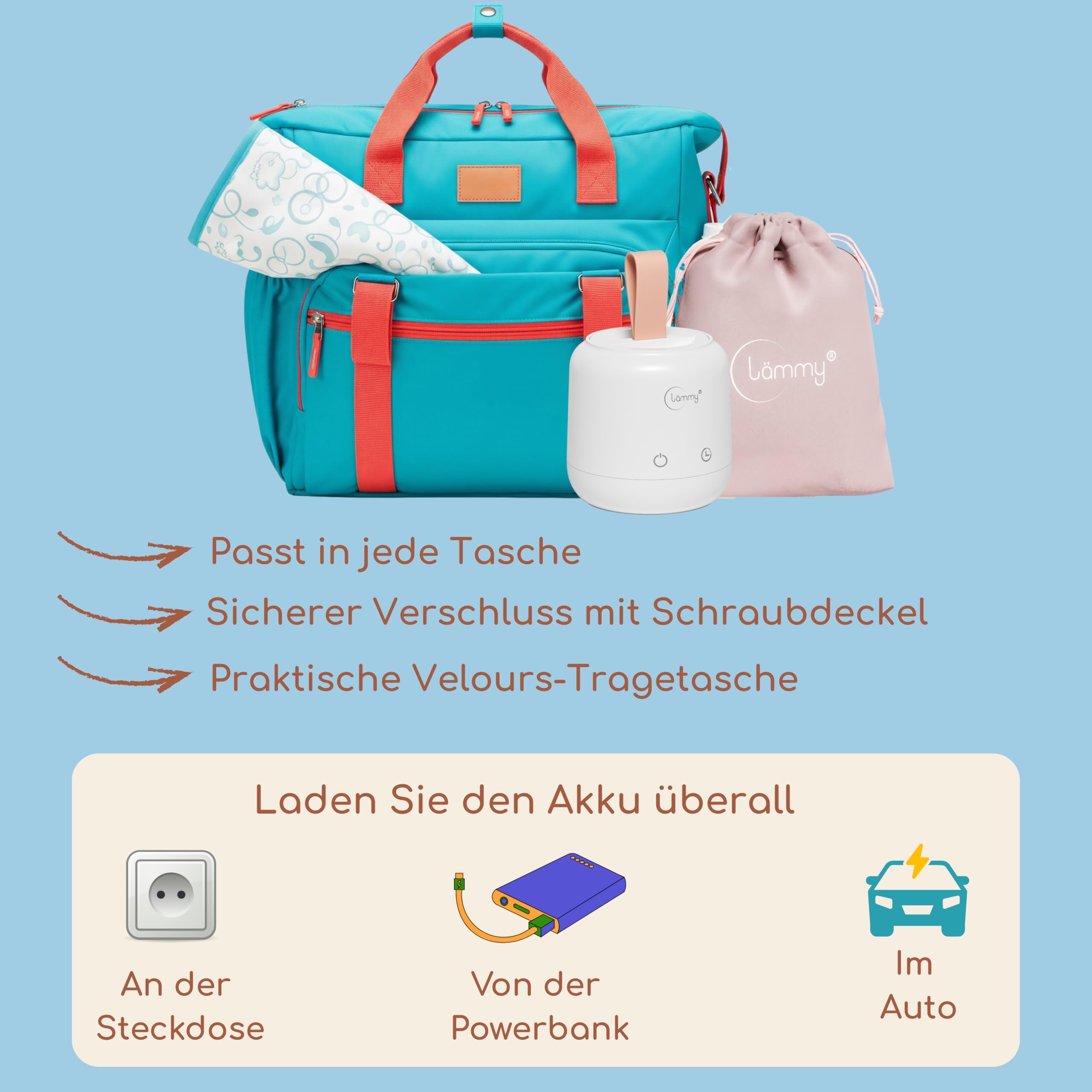 Flaschenwärmer Baby unterwegs – akkubetriebener, tragbarer babyflaschen wärmer to go – temperaturgenau, auslaufsicher und kompakt – passt auf alle Babyflaschen – USB baby bottle warmer