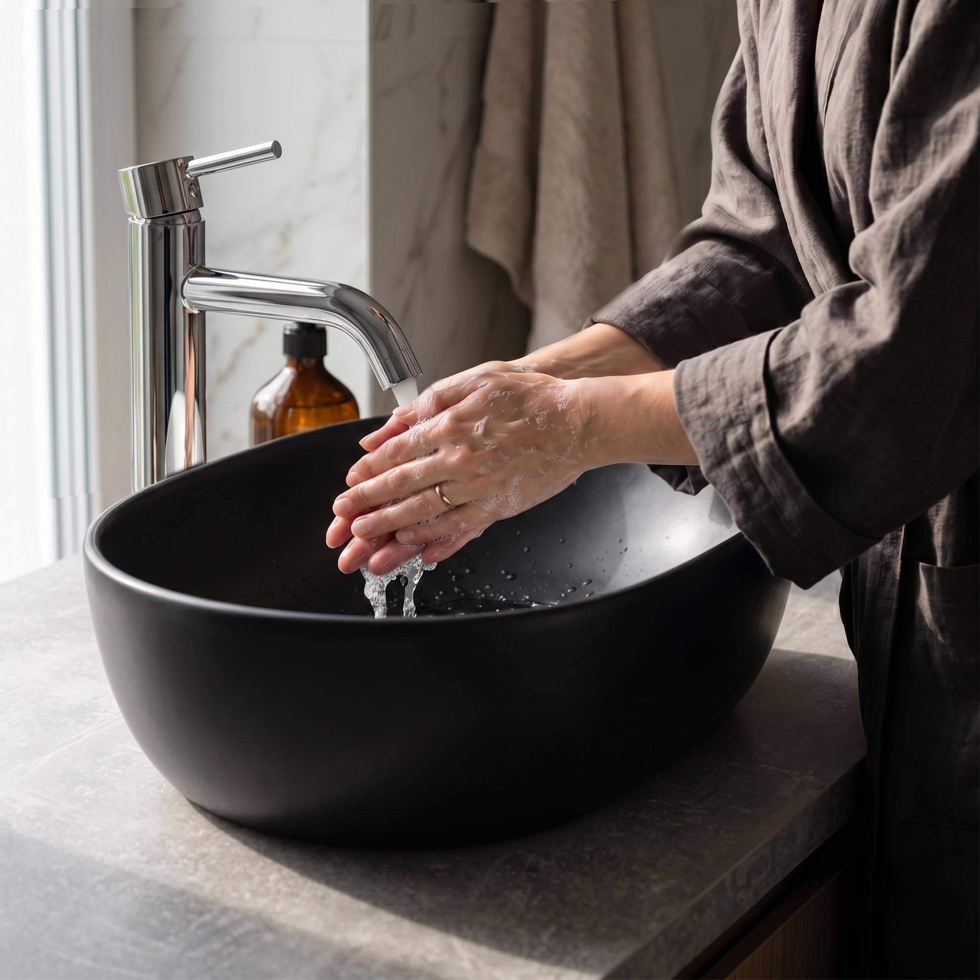 AKORD Lavabo da Appoggio Ovale in Ceramica ELIPSE - Lavandino Bagno Moderno 49 x 34,5 x 13,5 cm, Nero Opaco