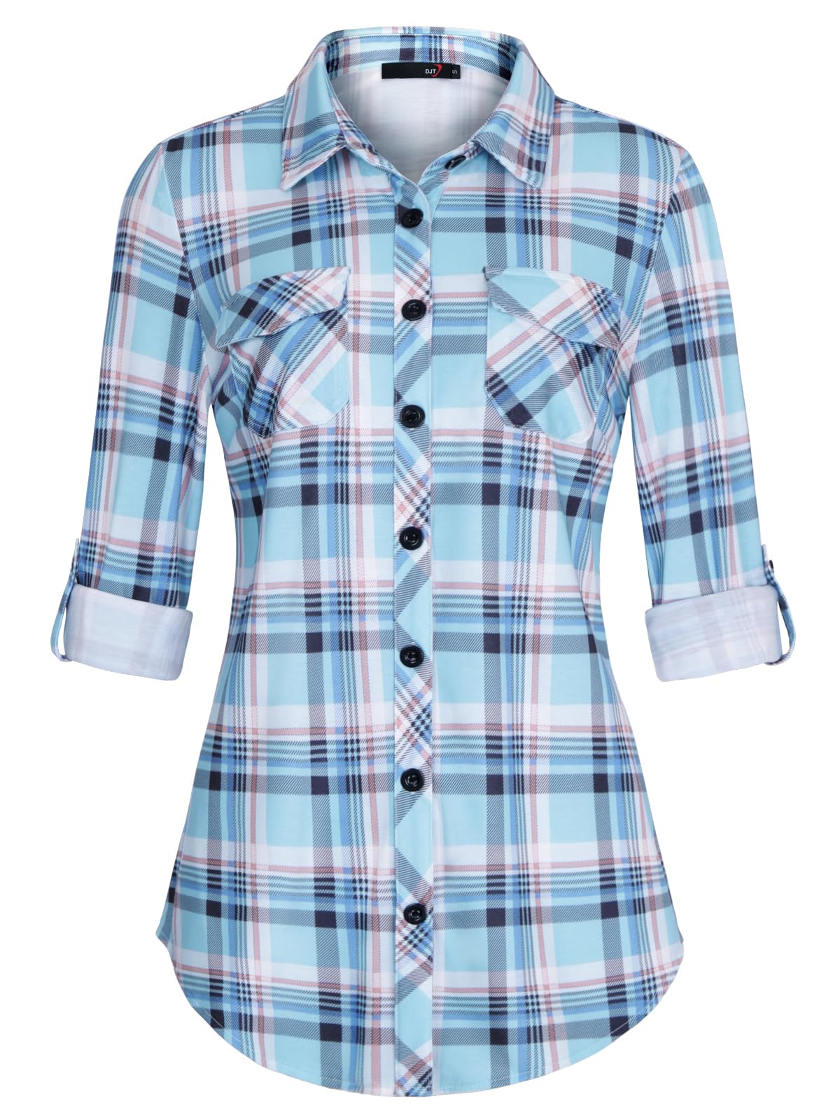 DJT Damen Weiches Gestrick Kariertes Blusen Langarm Oberteile Roll Up Ärmel Hemdbluse Button Down Tops