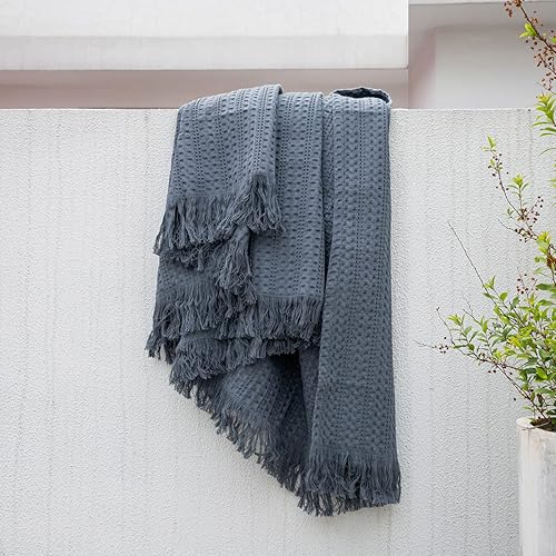 Miniatura 6 de Manta Queen de 100 % algodón con flecos, 90 x 90 pulgadas, manta de tejido de gofre prelavada para todas las estaciones, ligera, transpirable, suave