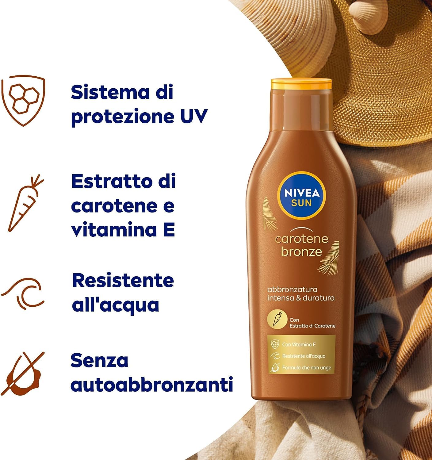 NIVEA SUN Latte Solare Carotene Bronze FP 6 200 ml, Crema solare abbronzante con protezione per una pelle dorata, Crema abbronzante arricchita con carotene e vitamina E